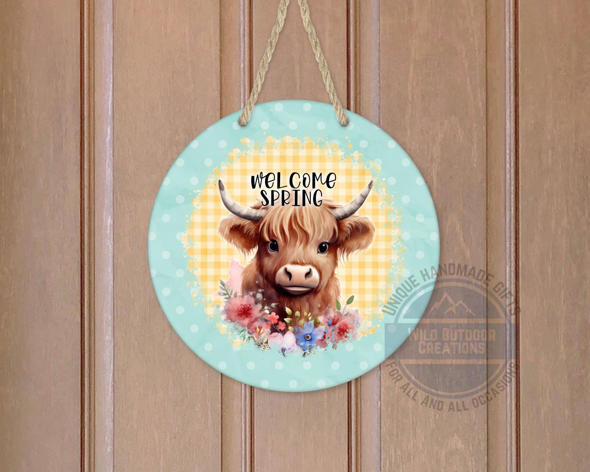 Welcome Spring Sign - Highland Cow Decor | Round Aluminum Front Porch Sign - packaging and presentation