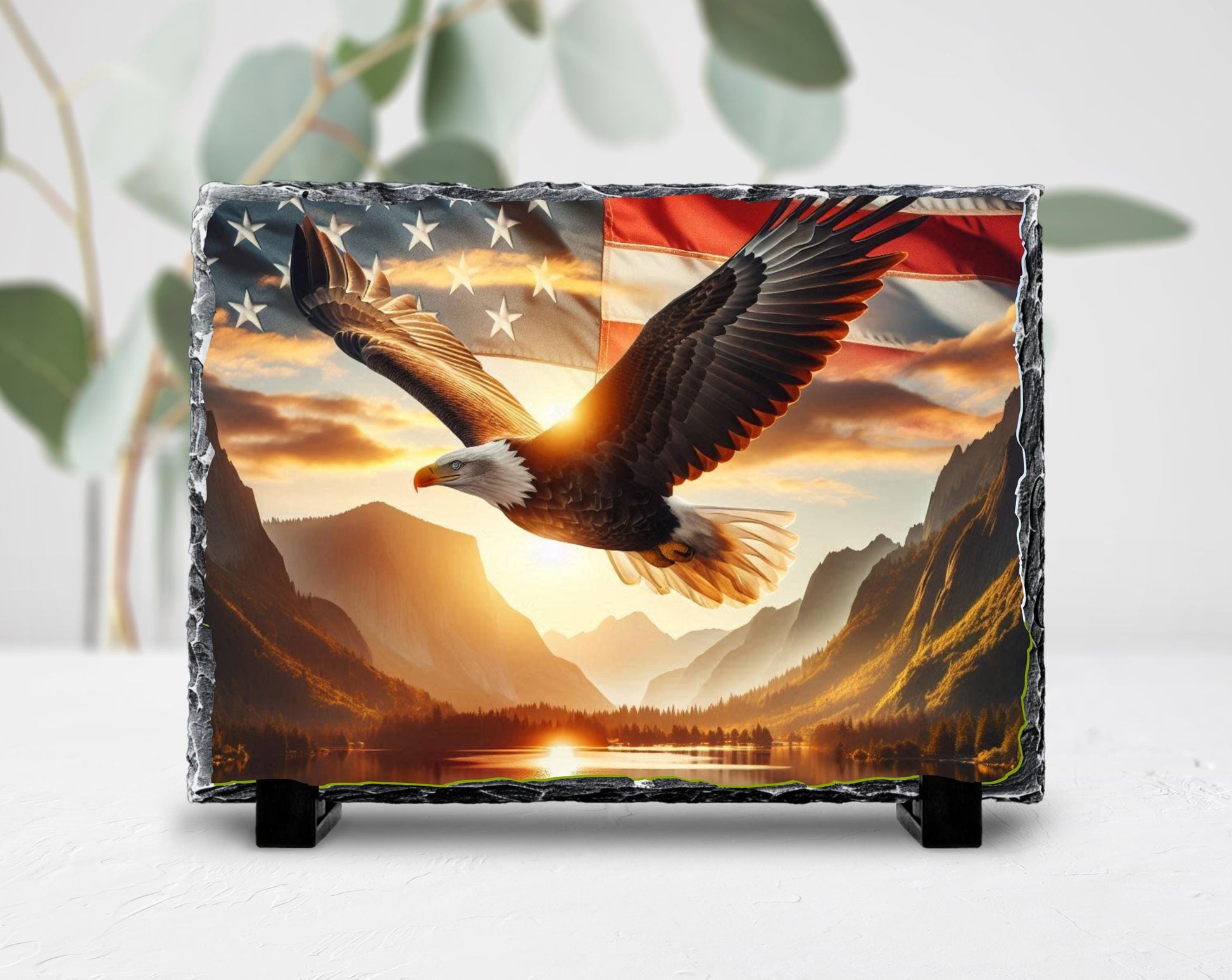 Patriotic Slate Sign - Bald Eagle Decor with American Flag Art, Rustic Slate Sign - detail view