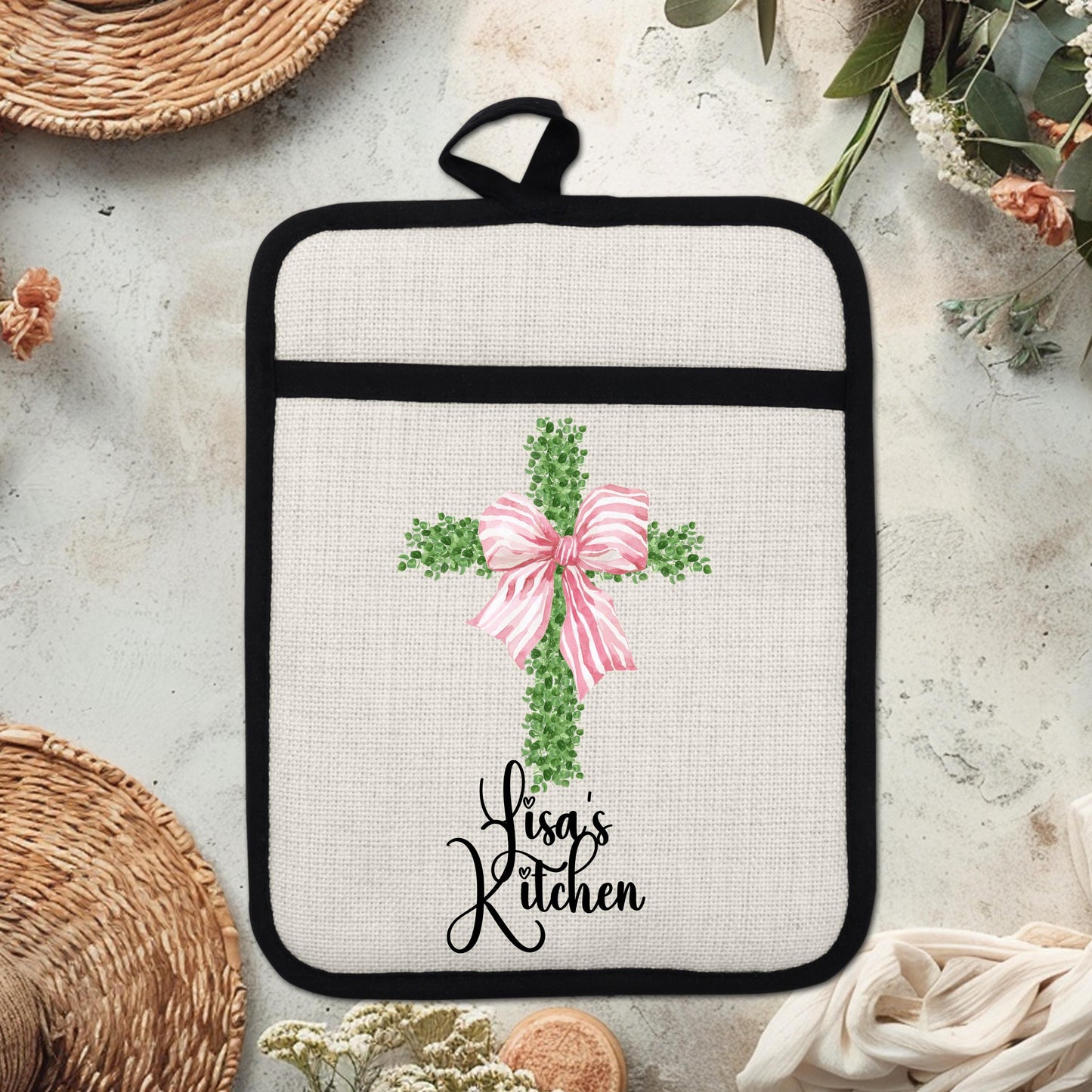 Personalized Cross Pot Holder – Pink Floral Cross, Custom Name Kitchen Gift - product dimensions and specifications