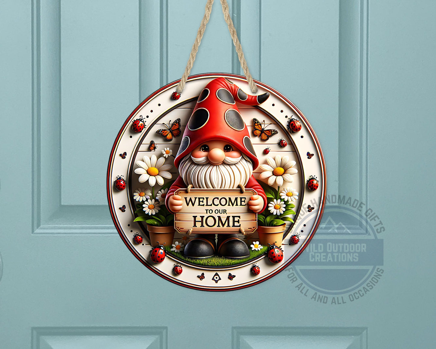 Welcome Gnome Door Hanger - Red Hat Gnome with Daisy & Ladybug Accents - detail view