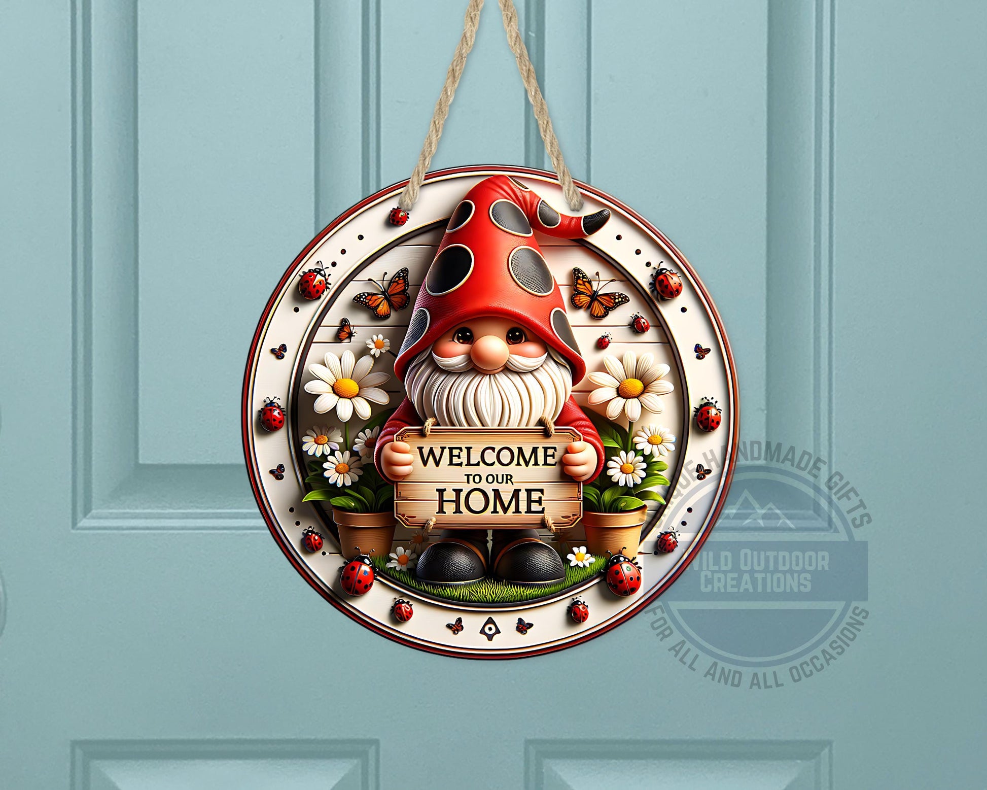 Welcome Gnome Door Hanger - Red Hat Gnome with Daisy & Ladybug Accents - detail view