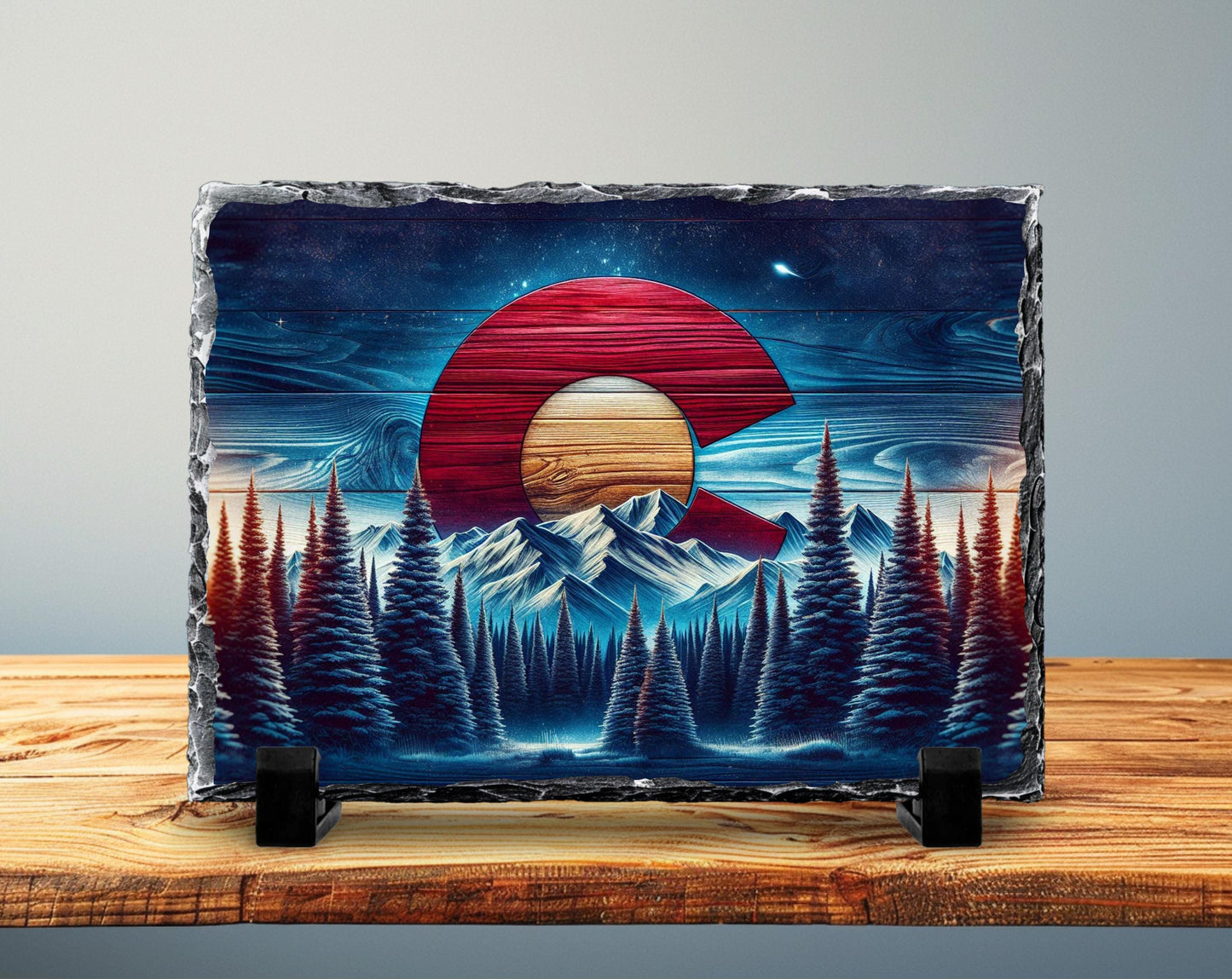 Rustic Slate Plaque | Colorado Mountain Decor - Handcrafted Natural Stone Tabletop Display - alternate view