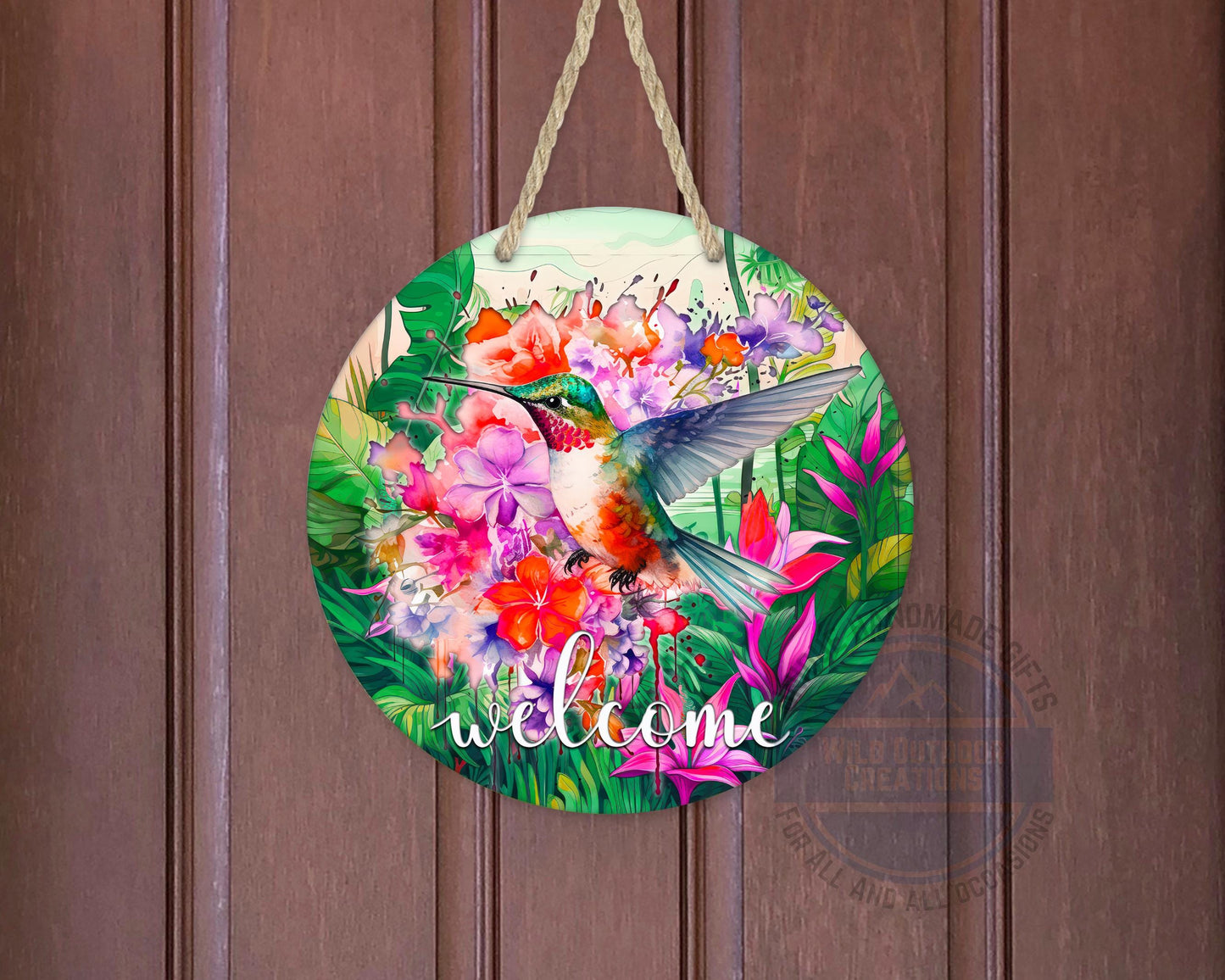 Floral Hummingbird Door Decor - Weather Resistant Garden Door Decor Sign - displayed on front door