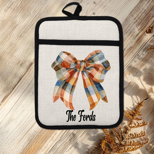 Custom Fall Gingham Pot Holder, Unique Hostess Gift, Personalized Thanksgiving Hot Pad, Seasonal Decor, Autumn Kitchen, Linen Hot Pad
