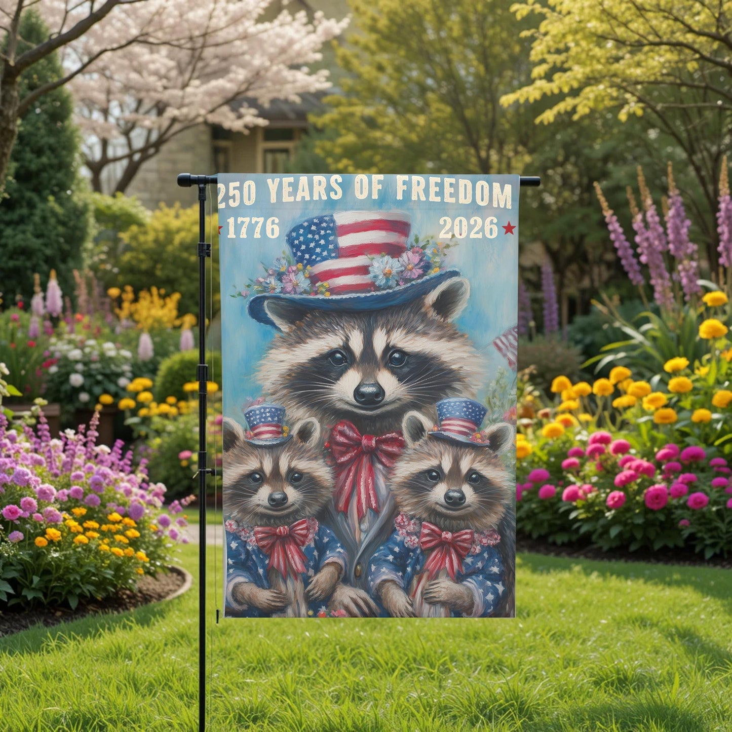 Patriotic Garden Flag - 250 Years Of Freedom Raccoon 12x18 Double Sided Sublimation