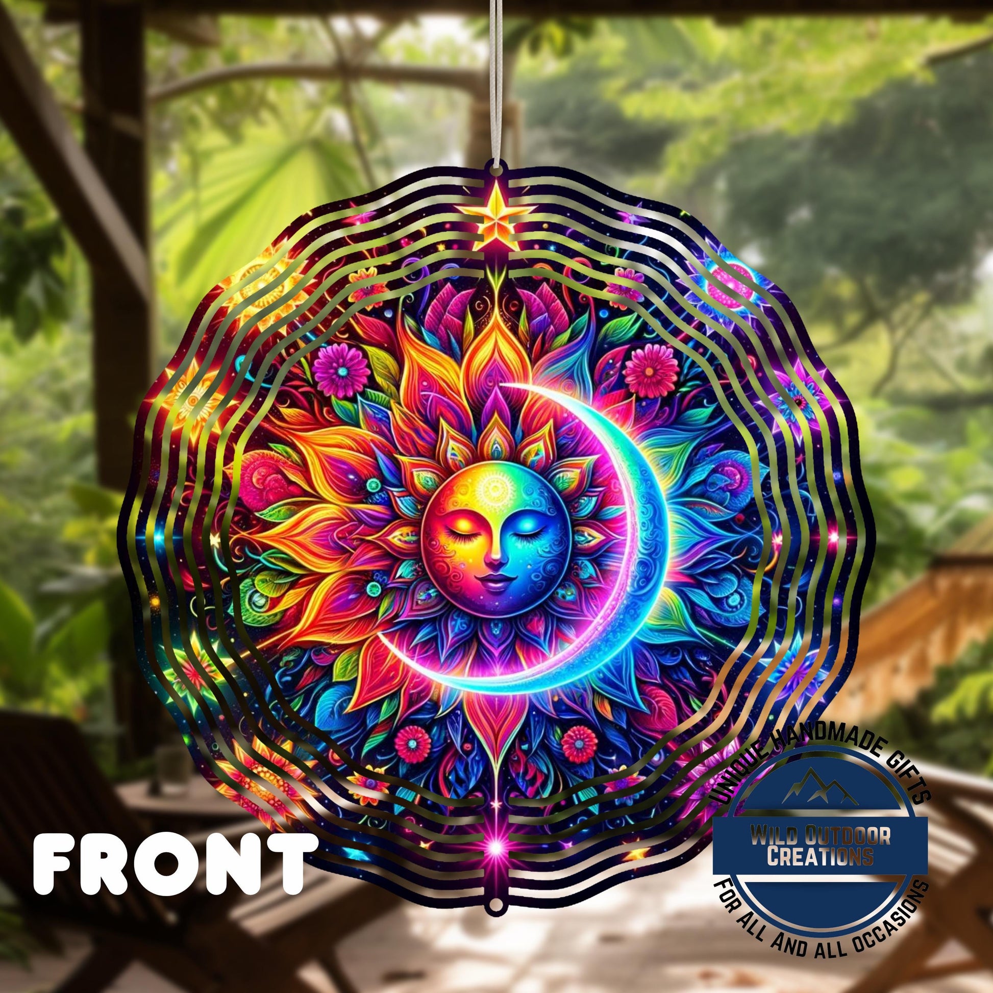 Celestial Wind Spinner - Neon Sun Moon Design | Double Sided Aluminum Spinner - back side design view