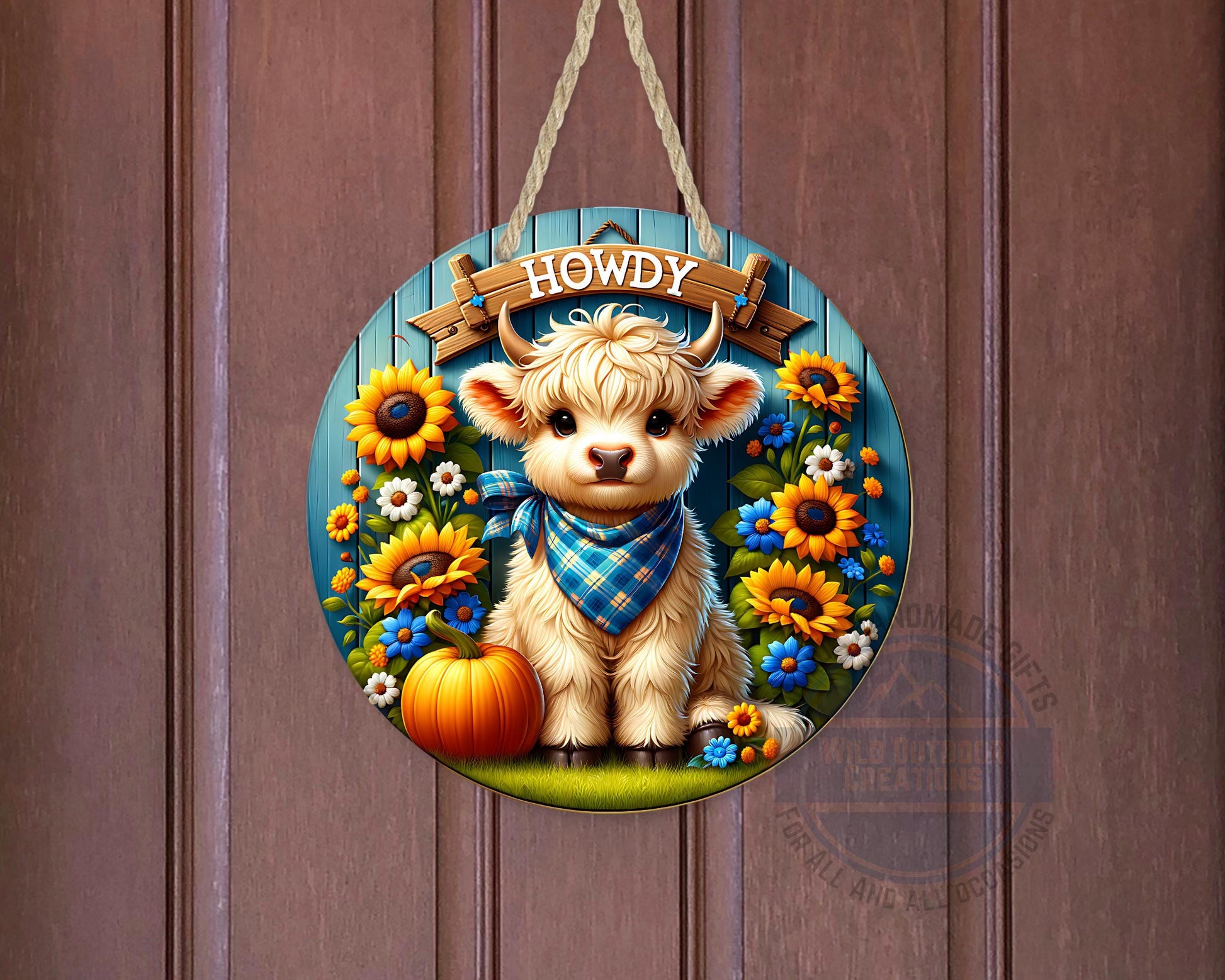 Farmhouse Door Hanger - Aluminum Round Sign with Highland Cow Decor, Blue Plaid - scale and size reference
