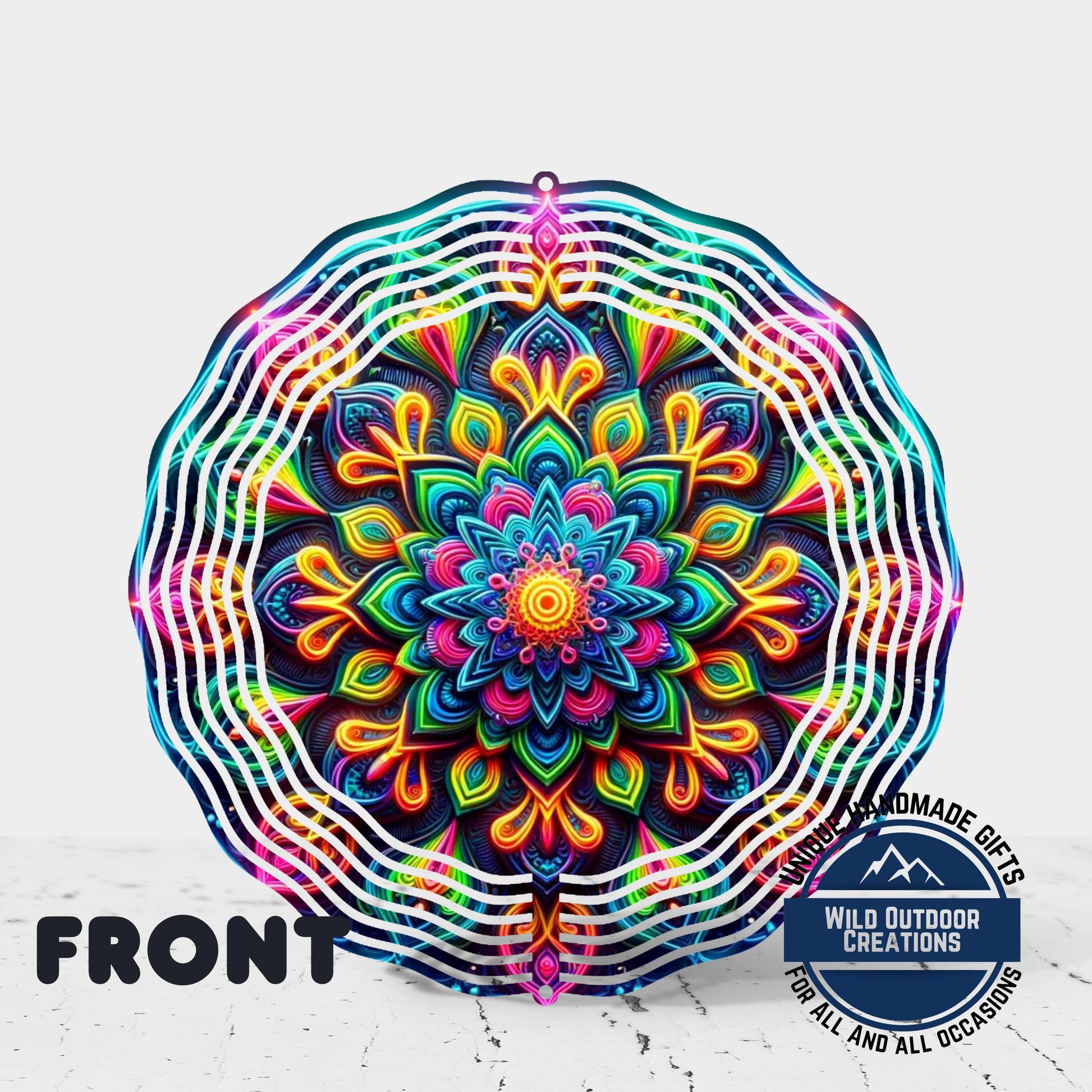 Neon Mandala Wind Spinner - 10 Inch Aluminum Outdoor Wind Spinner with Vibrant Neon Colors - additional product photo 11