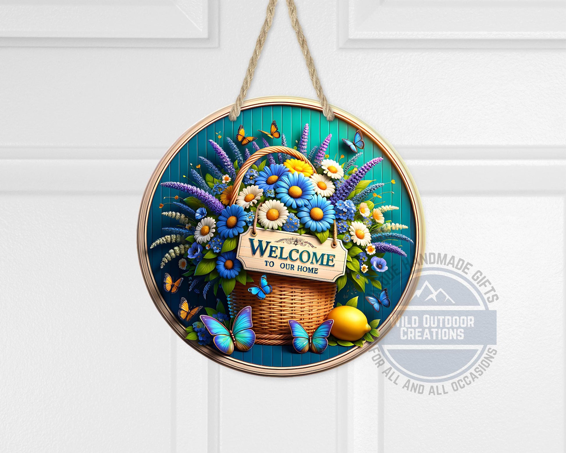 Welcome Door Sign – Blue Daisy Floral Basket | Outdoor Aluminum Porch Decor - alternate view