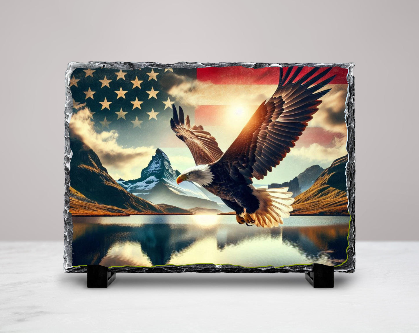 Patriotic Slate Sign - Bald Eagle Decor With American Flag Art & Mountain Lake - detail view