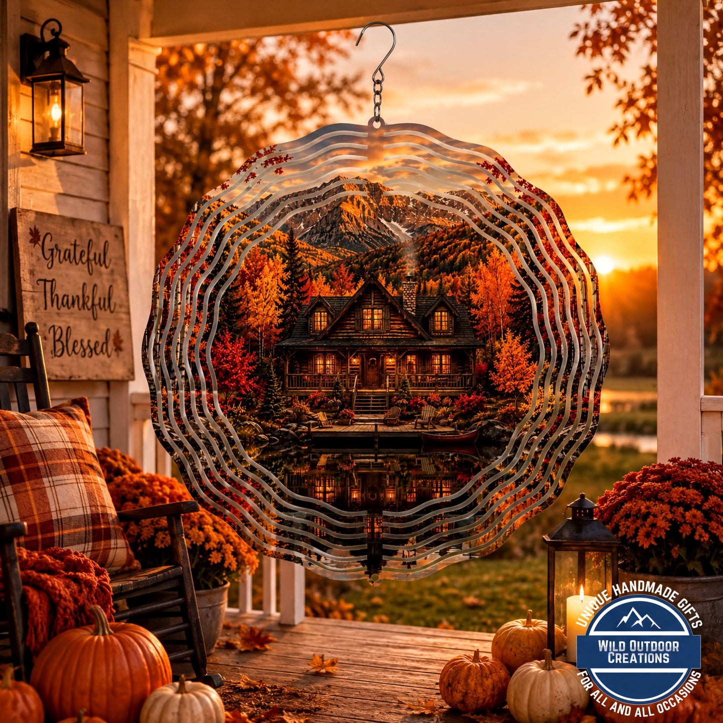 Log Cabin Wind Spinner Fall Mountain Lake Rustic Garden Decor Gift