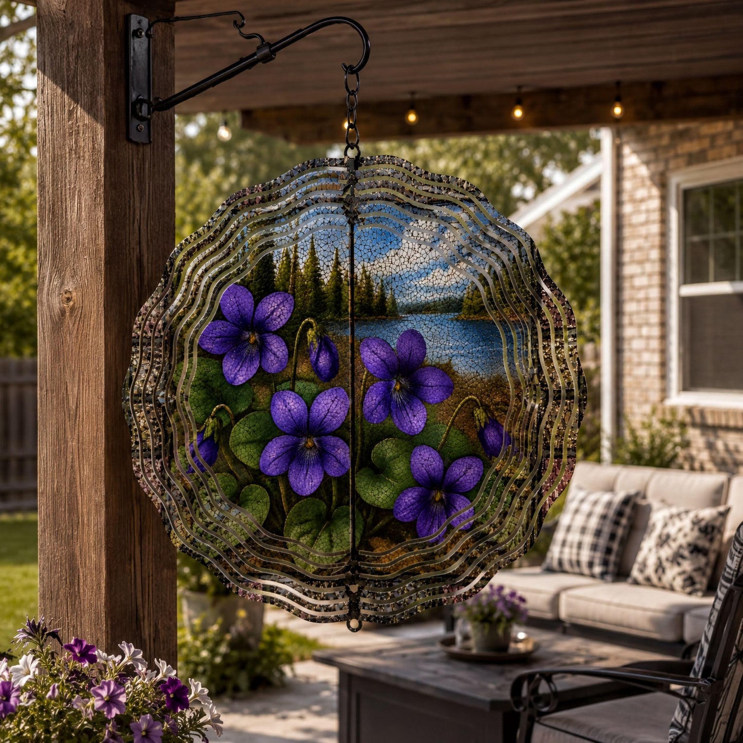 Wisconsin State Flower Wood Violet Wind Spinner Stained Glass Look Garden Decor 10 Inch