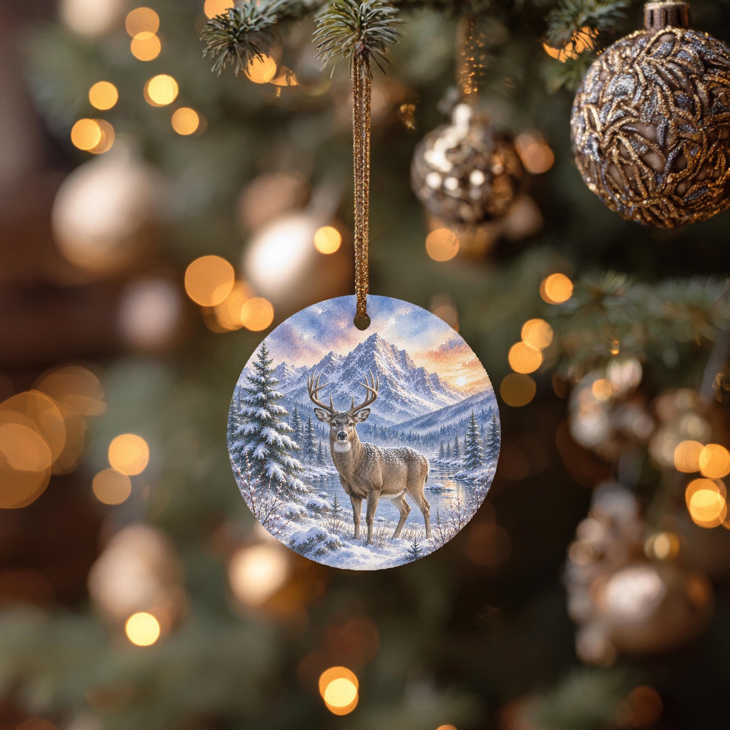 Whitetail Deer Ornament, Watercolor Mountain River Scene, Ceramic, 3 Inch