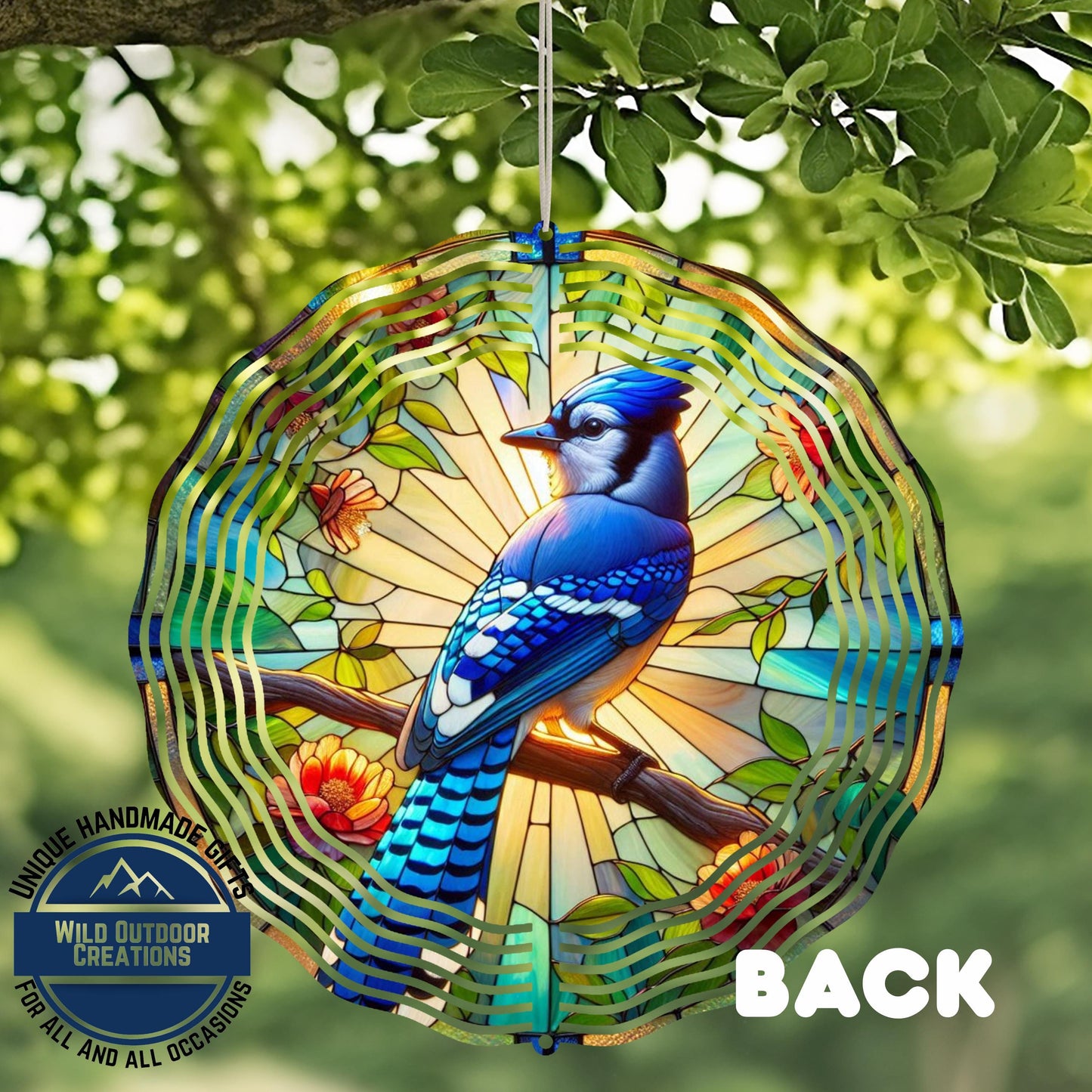 Blue Jay Wind Spinner – 10 Inch Aluminum Garden Spinner with Faux Stained Glass Decor - close-up detail of design