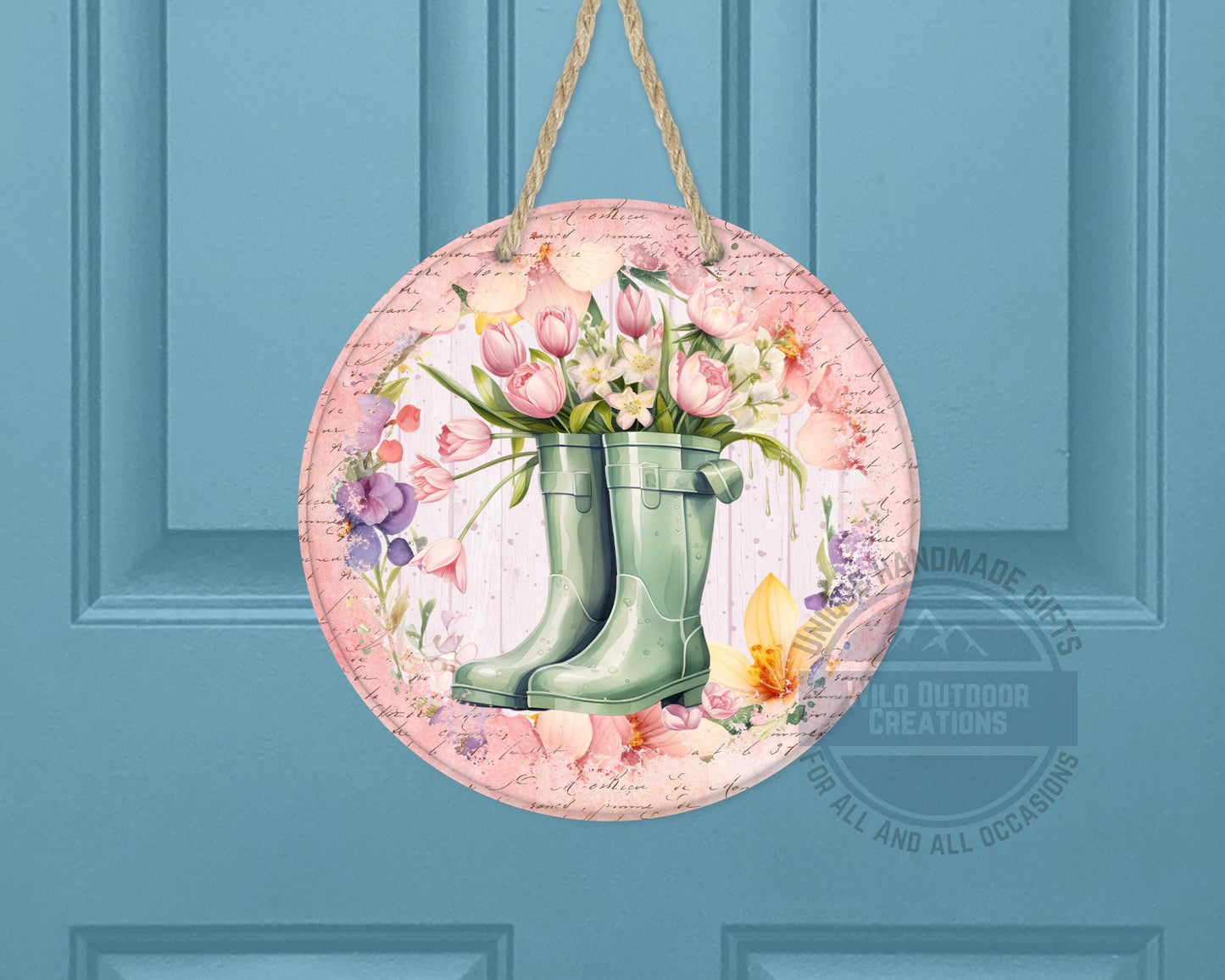 Spring Garden Boots - Pink Tulip Floral Door Hanger | Rustic Farmhouse Charm - product dimensions and specifications