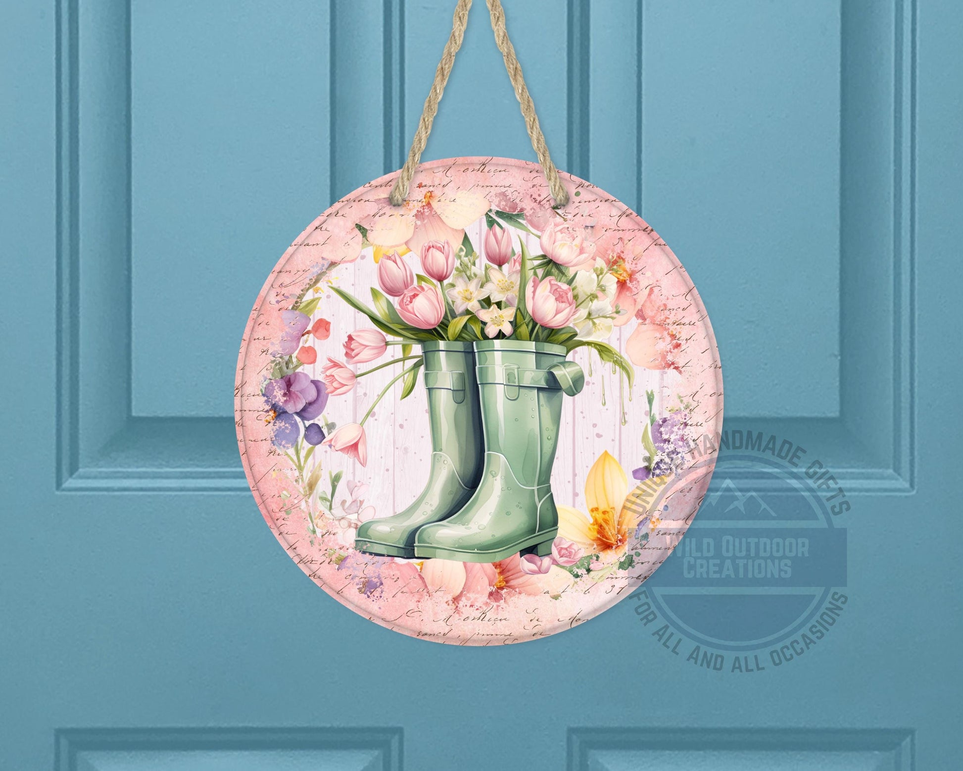 Spring Garden Boots - Pink Tulip Floral Door Hanger | Rustic Farmhouse Charm - product dimensions and specifications