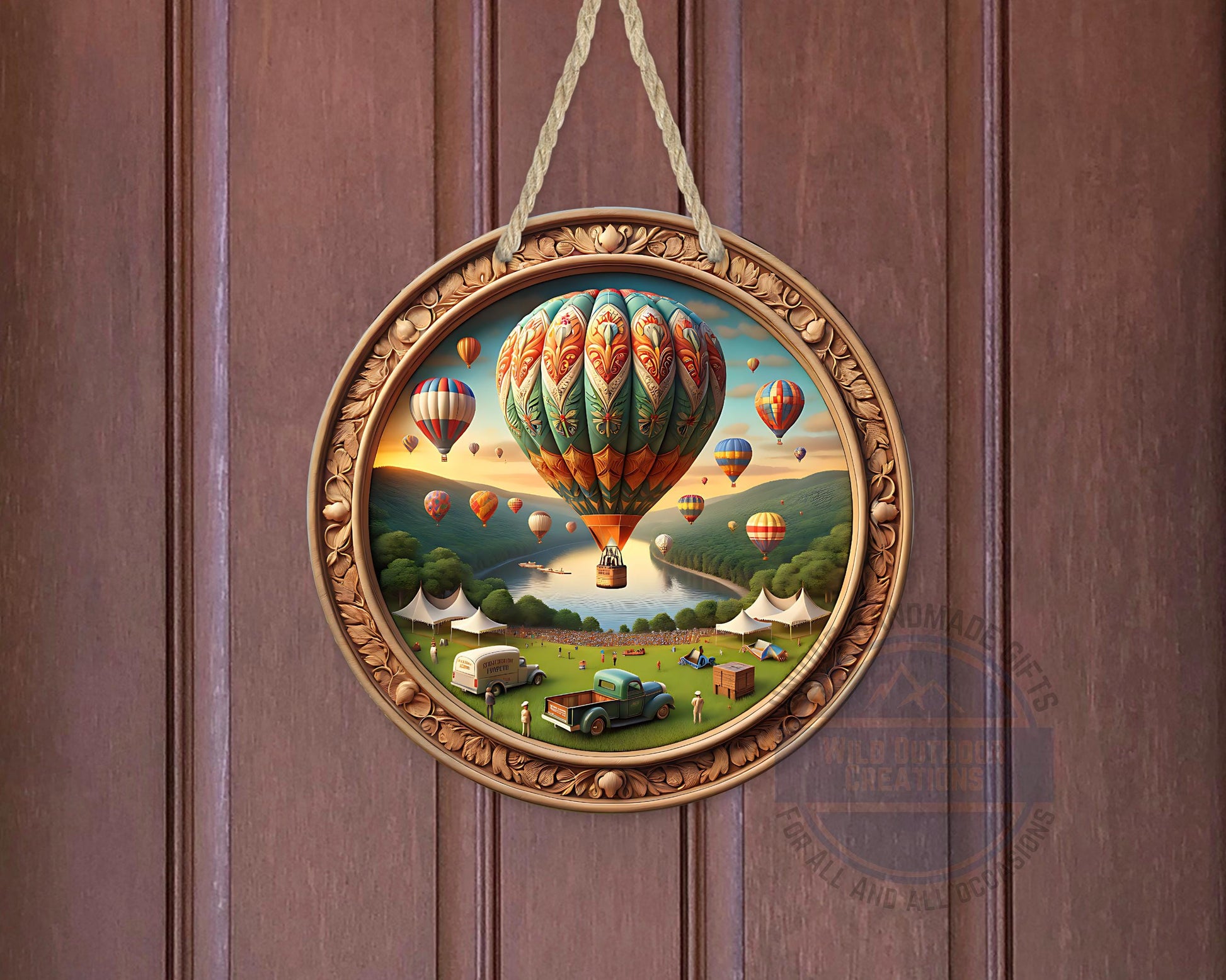 Aluminum Door Hanger – County Fair Hot Air Balloon Outdoor Door Sign, 10 Inch - displayed on front door