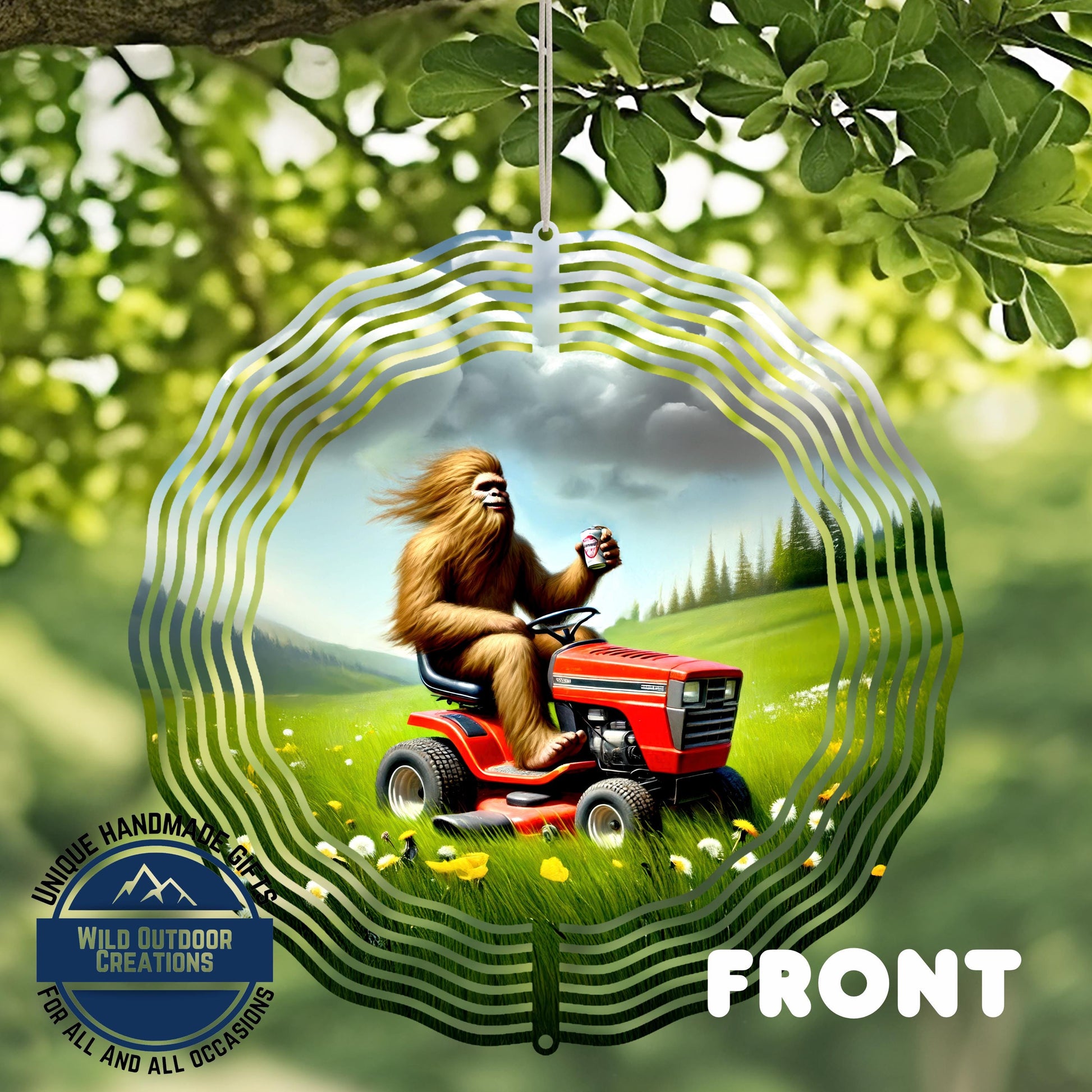 Bigfoot Wind Spinner - Funny Sasquatch Garden Decor | Aluminum Outdoor Yard Art - front and back
