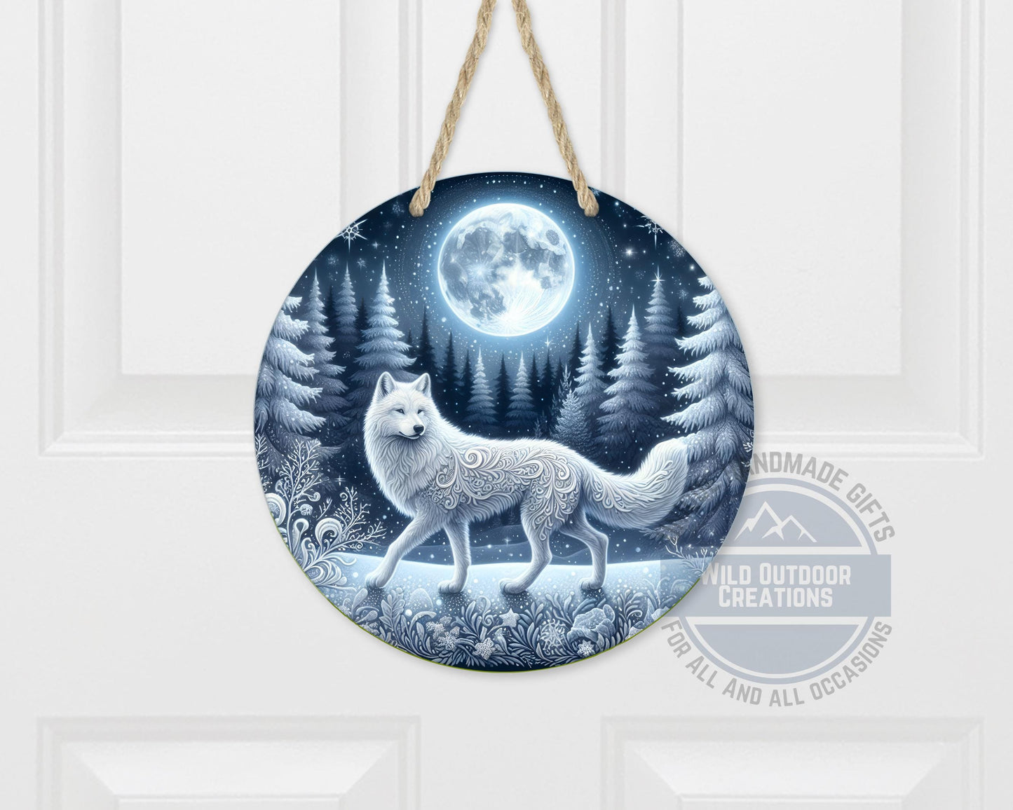 Wolf Door Sign - Rustic Outdoor Decor Full Moon Night with White Wolf Art - scale and size reference