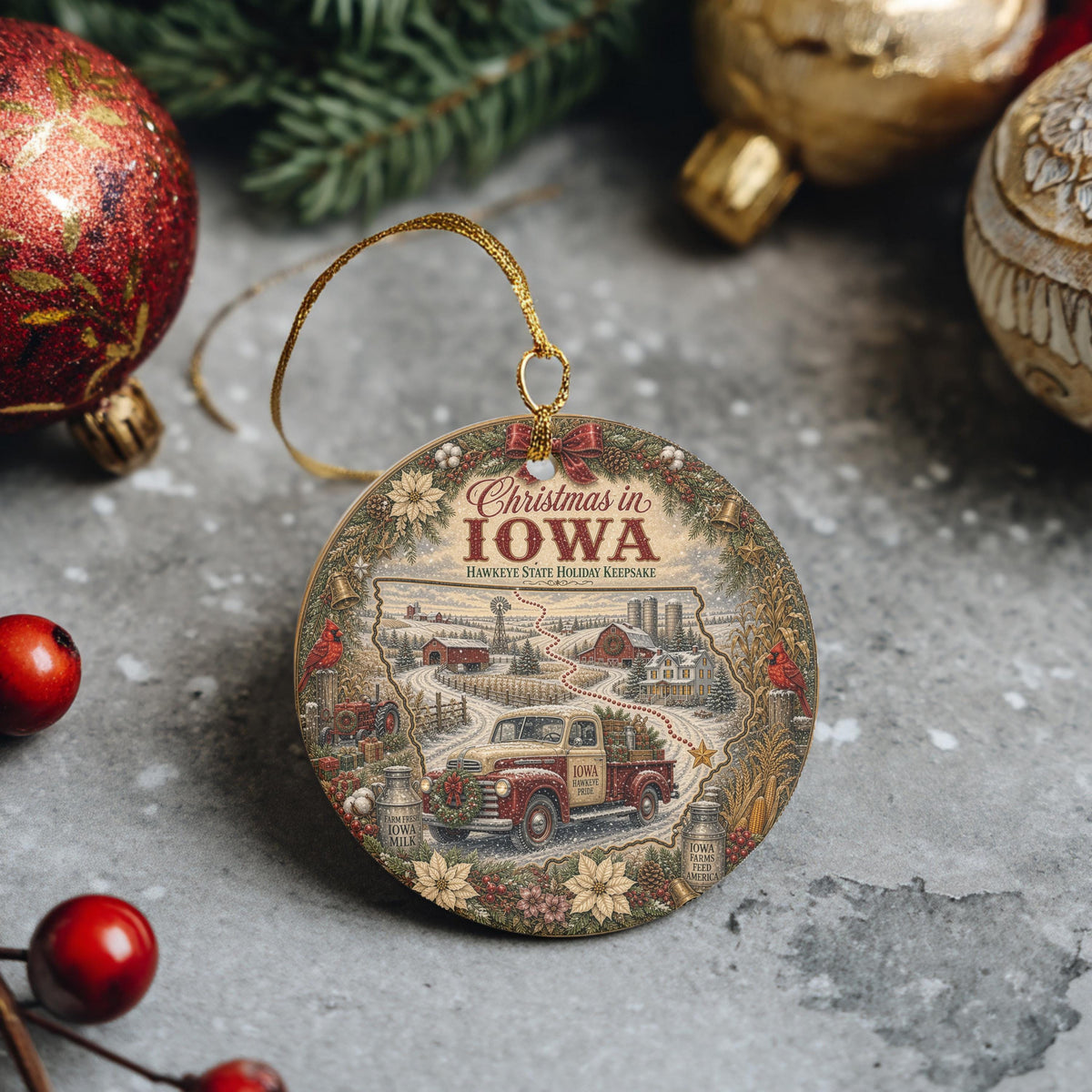 Iowa Christmas Ornament, Vintage Truck Cardinal Ceramic Keepsake