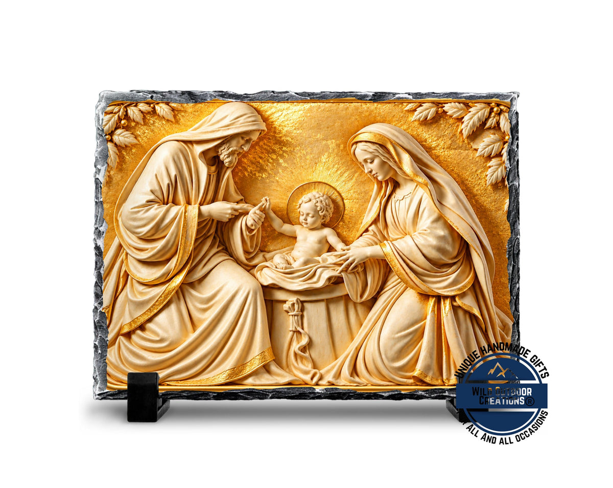 Holy Family Slate Plaque, Gold Nativity Art, Christian Catholic Religious Gift Decor