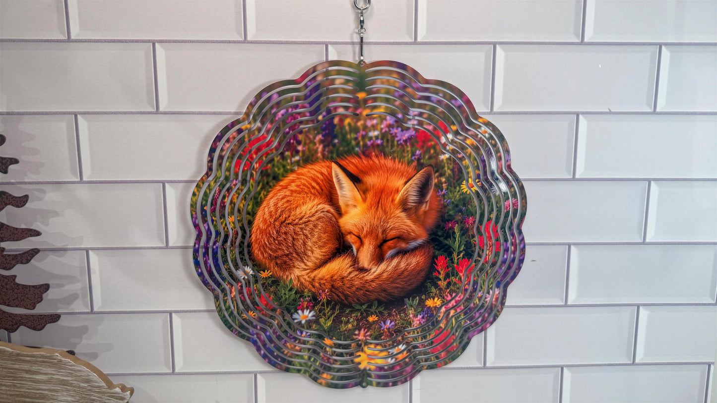 Sleeping Fox, Meadow Floral Wind Spinner | 10 Inch Décor | 360 Swivel | Indoor Outdoor Art