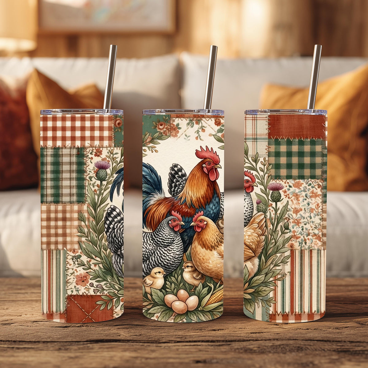 Chicken Tumbler, Rooster Hen Patchwork Quilt, 20 Oz Skinny Gift