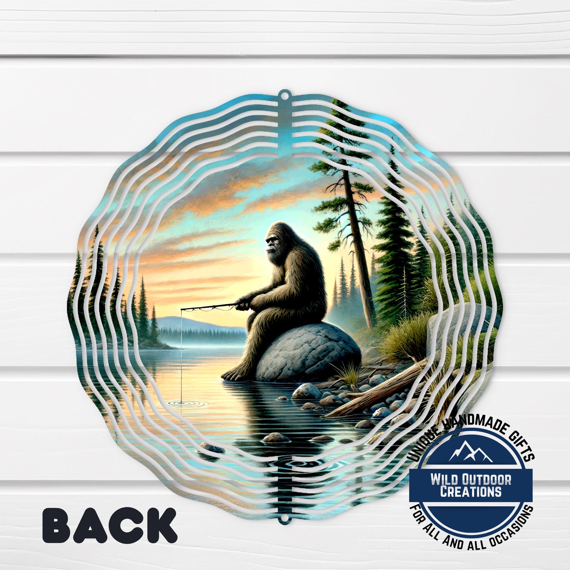 Bigfoot Fishing Wind Spinner - Aluminum Outdoor Spinner | Sasquatch Garden Decor - design detail