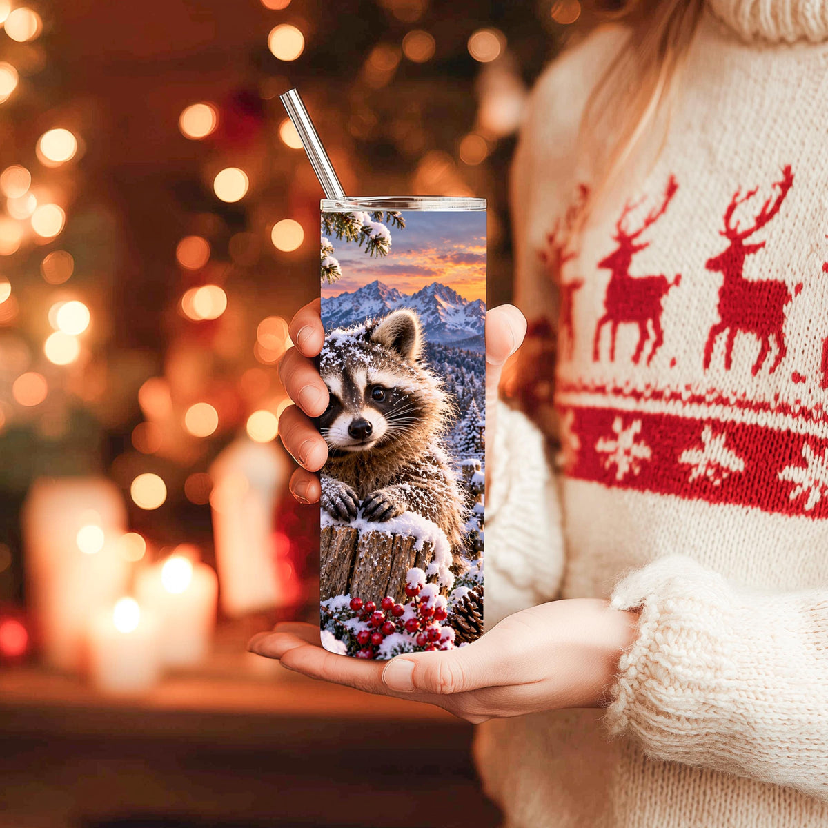 Raccoon Tumbler, 20 Oz Skinny, Snowy Cabin Lantern Holiday Gift