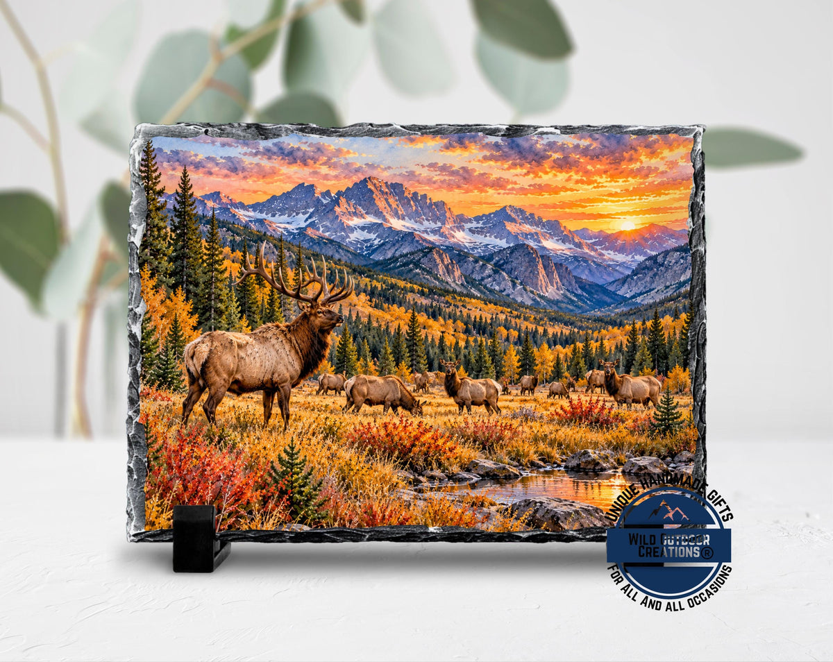 Elk Herd Slate Plaque, Colorado Mountain Wildlife Art, Rustic Fall Cabin Decor