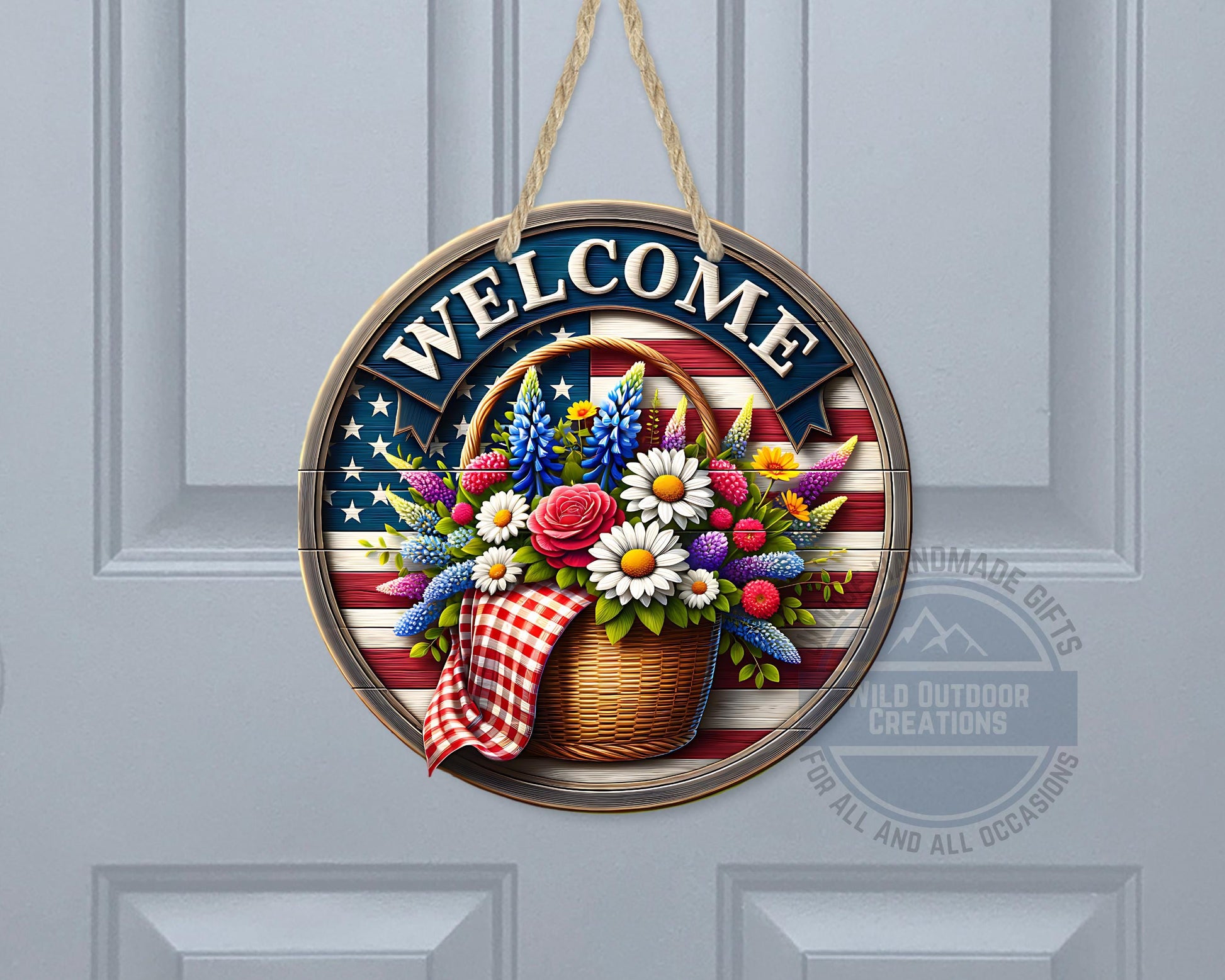 Patriotic Door Hanger - Aluminum Outdoor Sign With American Flag & Floral Basket - gift presentation view
