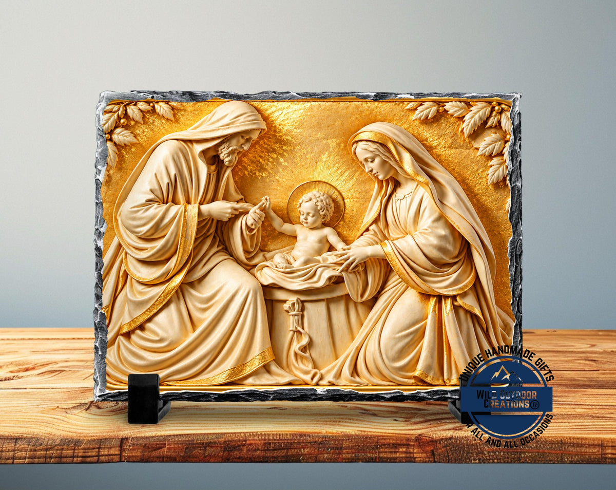 Holy Family Slate Plaque, Gold Nativity Art, Christian Catholic Religious Gift Decor