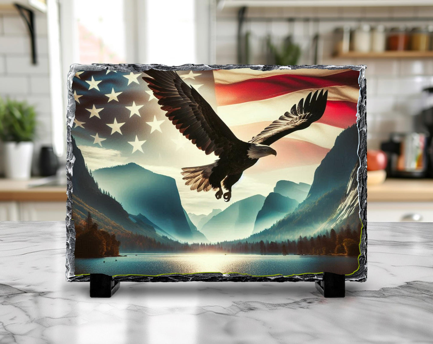 Bald Eagle Slate Sign – American Flag Art | Rustic Americana Style Decor - displayed in garden