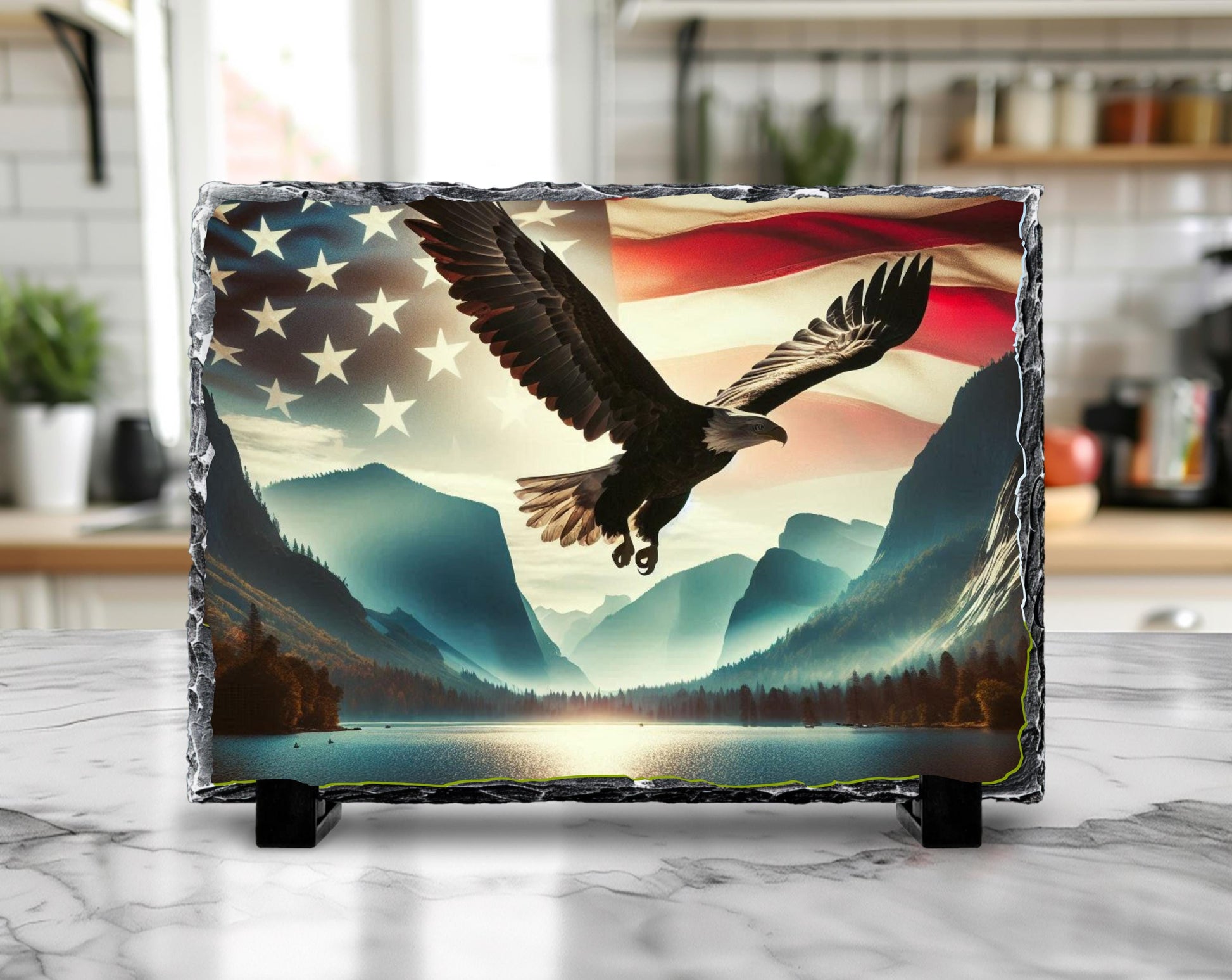 Bald Eagle Slate Sign – American Flag Art | Rustic Americana Style Decor - displayed in garden