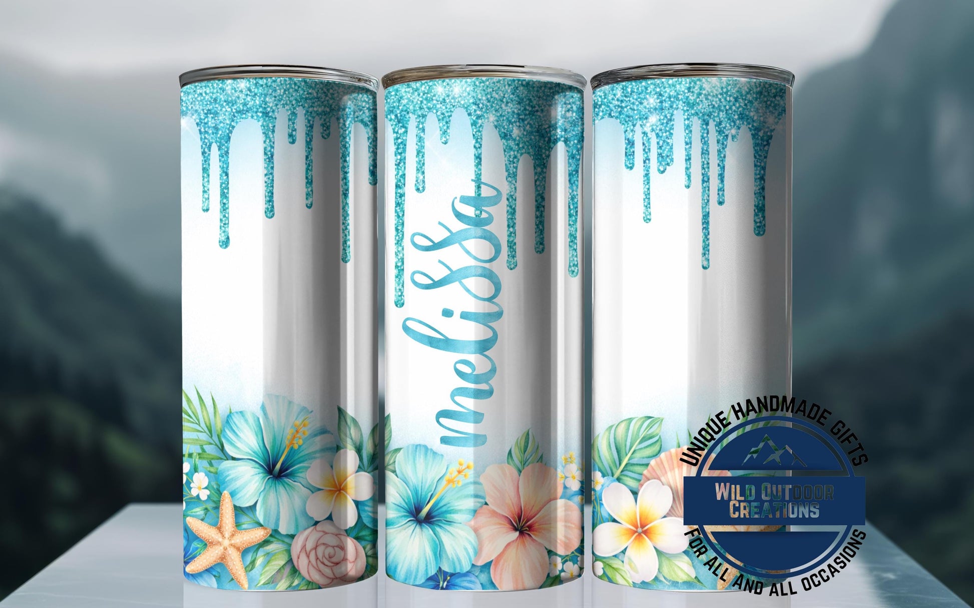 Personalized Tropical Tumbler - Double Wall Tumbler With Floral Beach Design & Glow Green - showing lid and straw detail