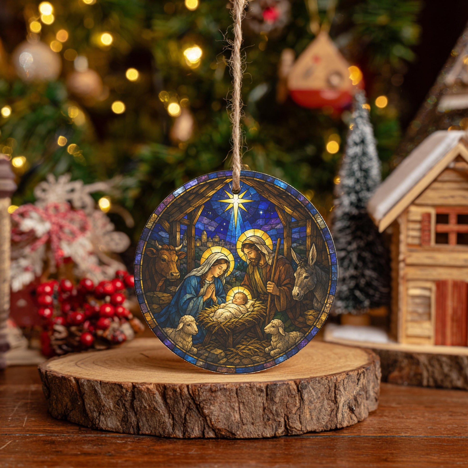 A stained glass ornament depicting the Nativity scene hangs from a string, surrounded by a blurred Christmas tree and other holiday decorations.