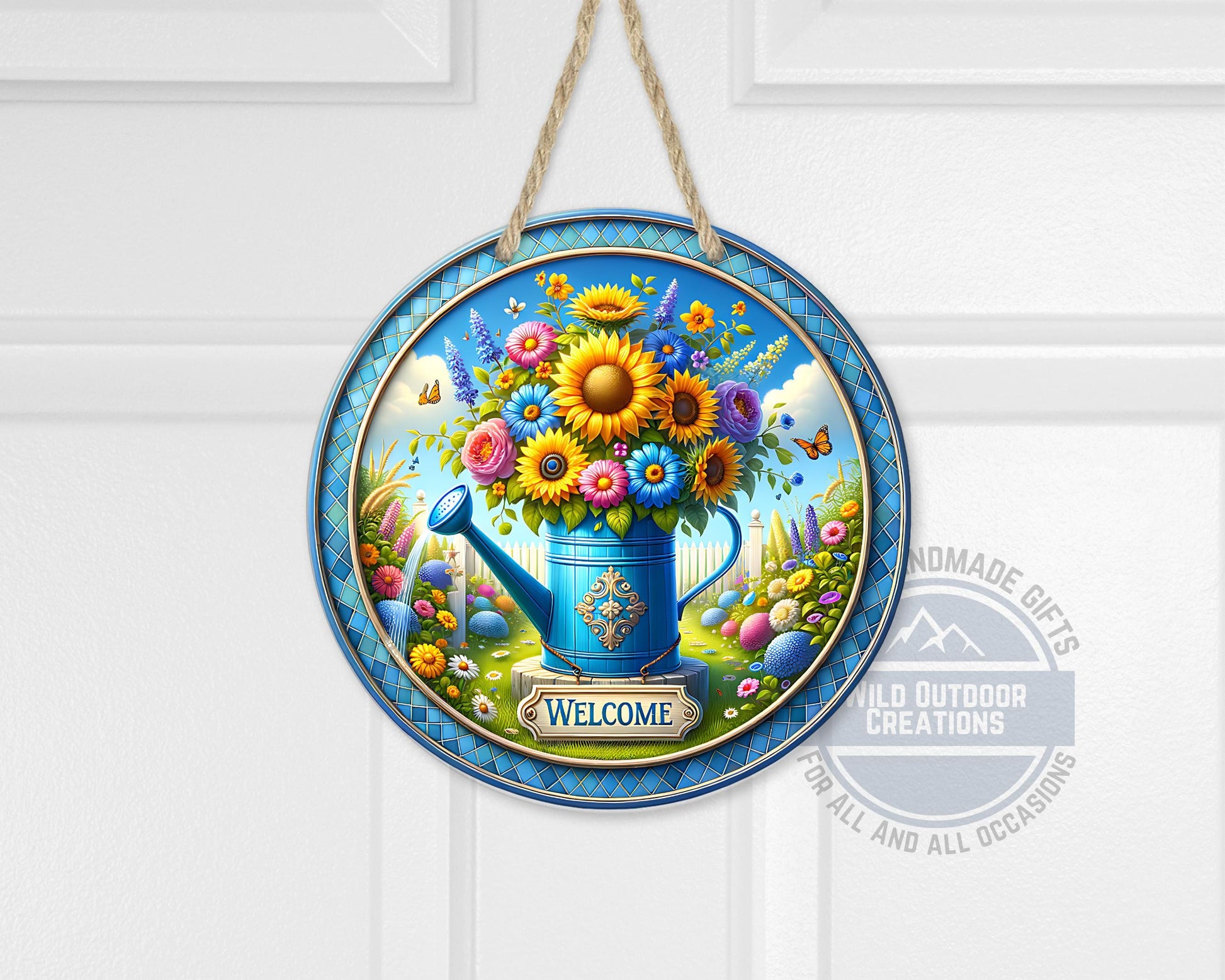 Watering Can Welcome Sign – Round Aluminum Garden Door Hanger With Sunflower Decor - alternate view
