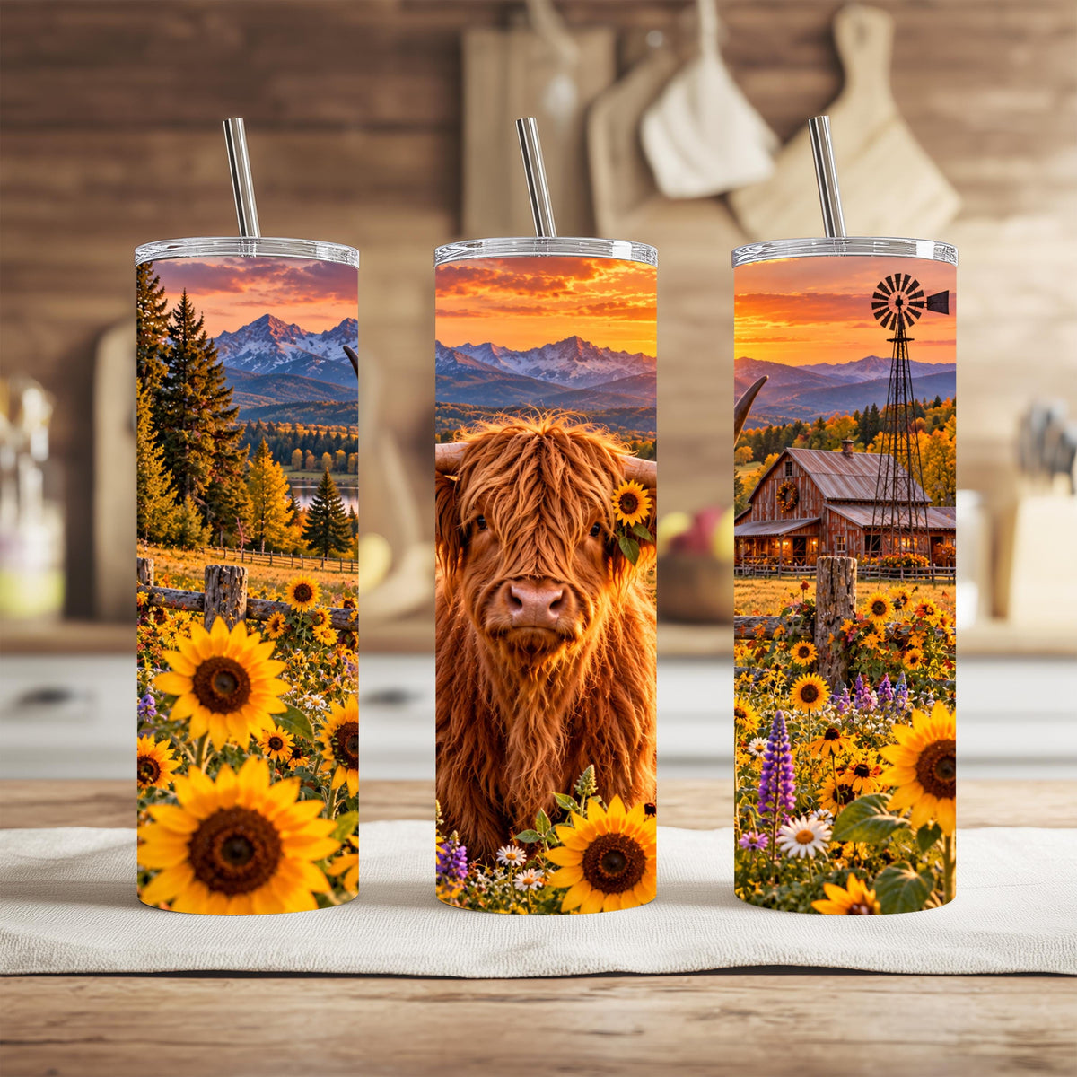 Highland Cow Cup, Sunflower Wrap | 20 Oz Skinny Tumbler Set