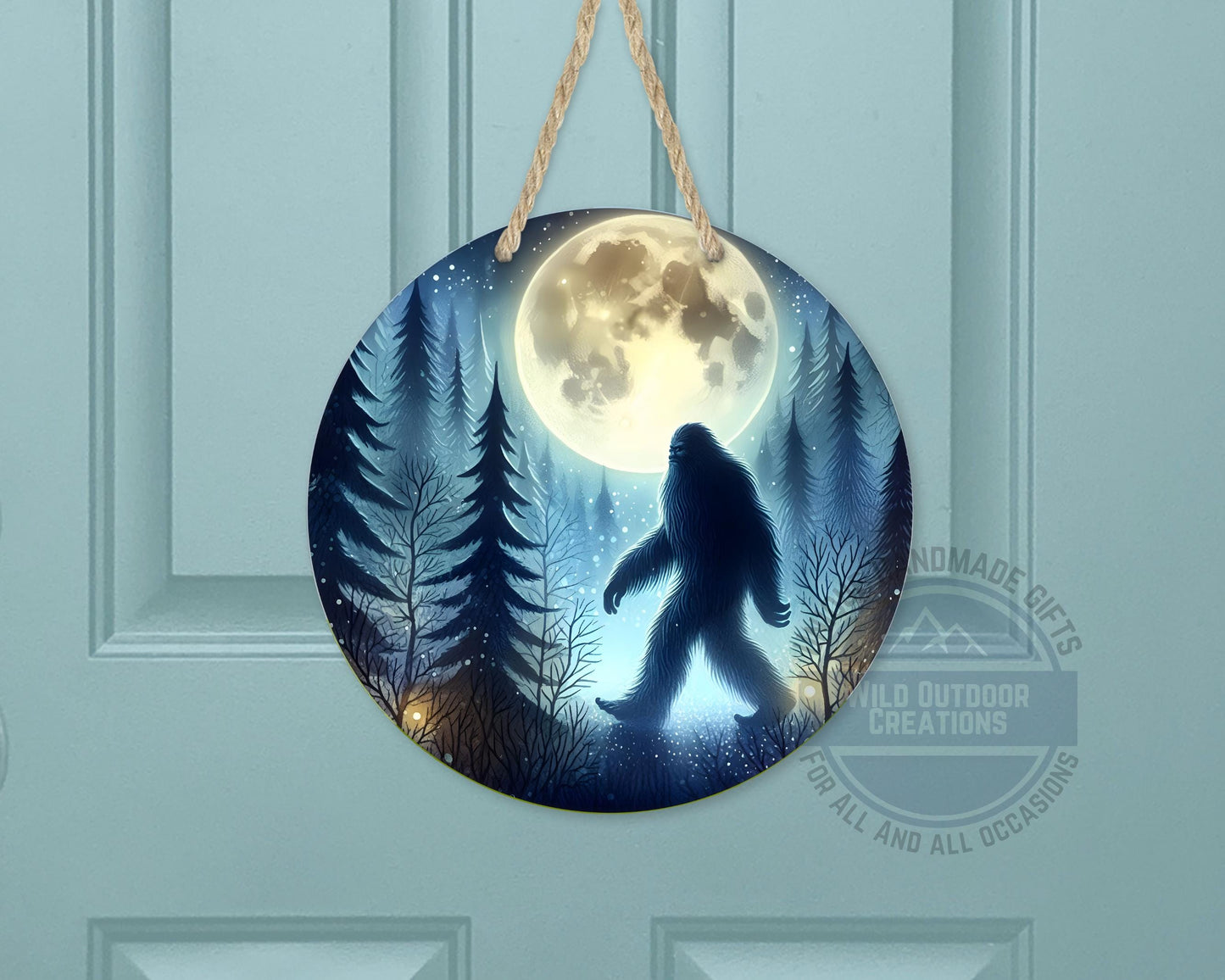 Bigfoot Door Hanger - Aluminum Round Porch Sign With Moonlit Forest Decor - additional angle