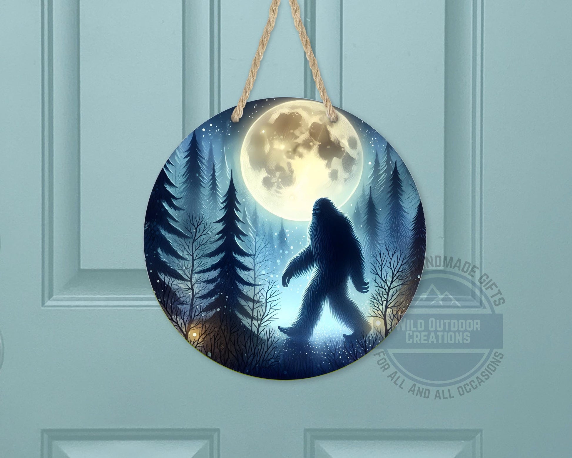 Bigfoot Door Hanger - Aluminum Round Porch Sign With Moonlit Forest Decor - additional angle