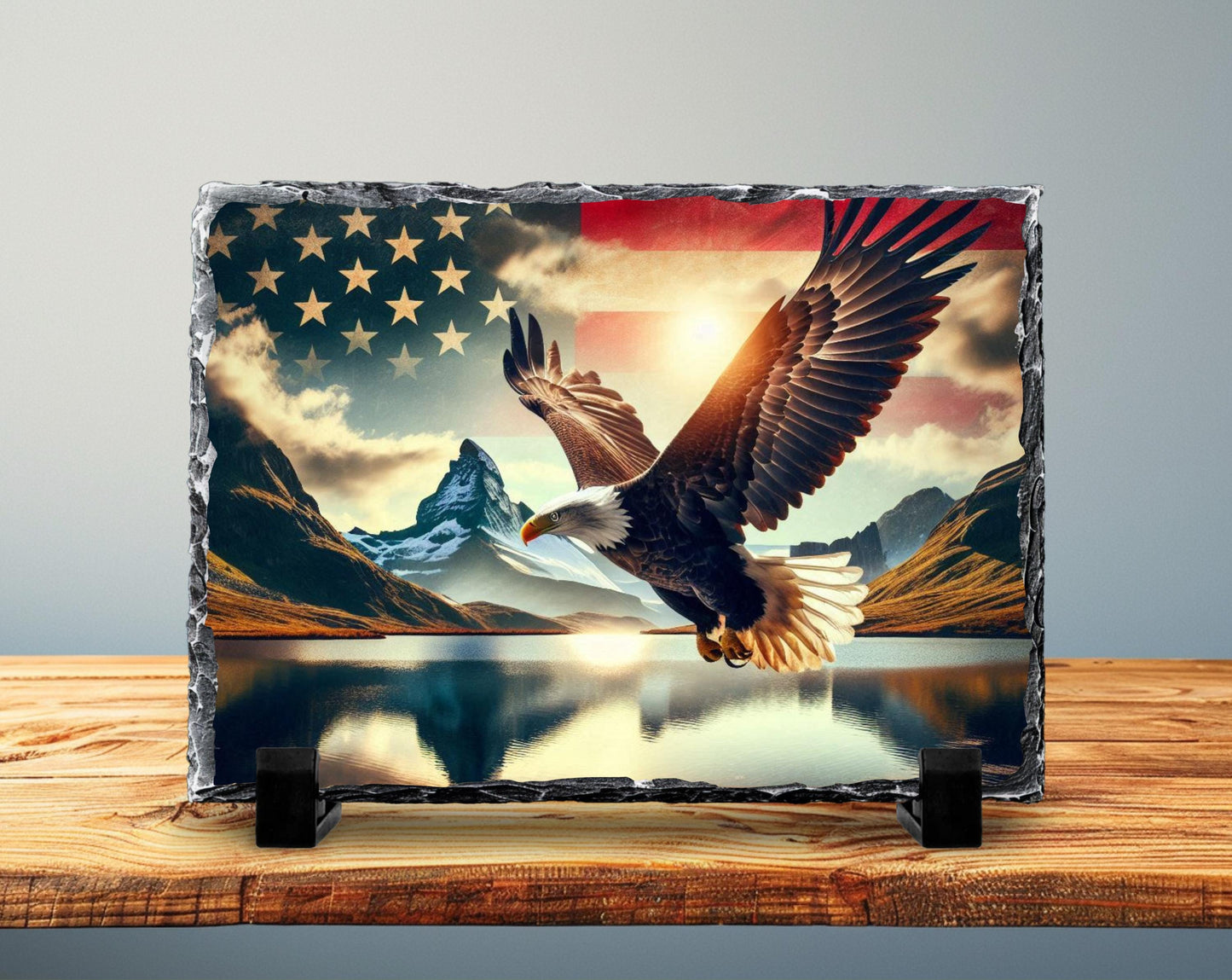 Patriotic Slate Sign - Bald Eagle Decor With American Flag Art & Mountain Lake - alternate view