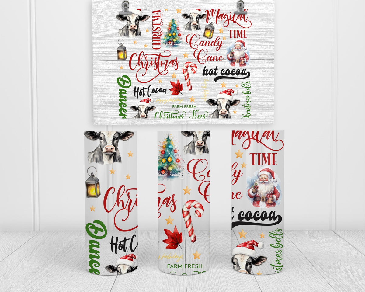 Christmas Cow Tumbler, 20 Oz Skinny Silver Glitter Santa Hat