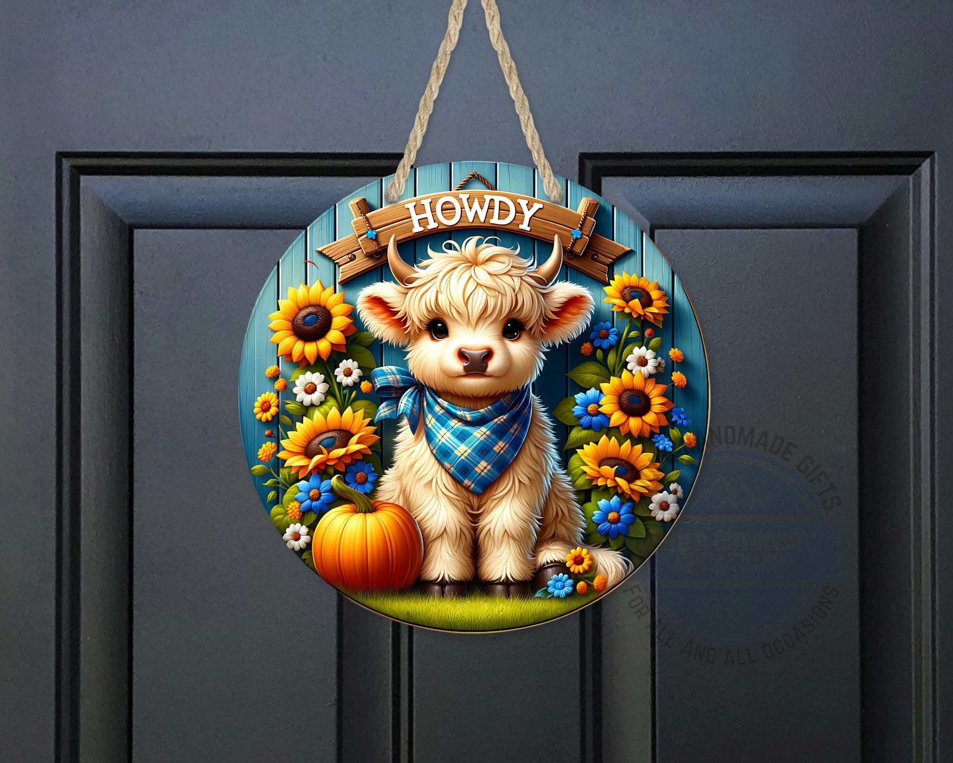 Farmhouse Door Hanger - Aluminum Round Sign with Highland Cow Decor, Blue Plaid - additional product photo 10