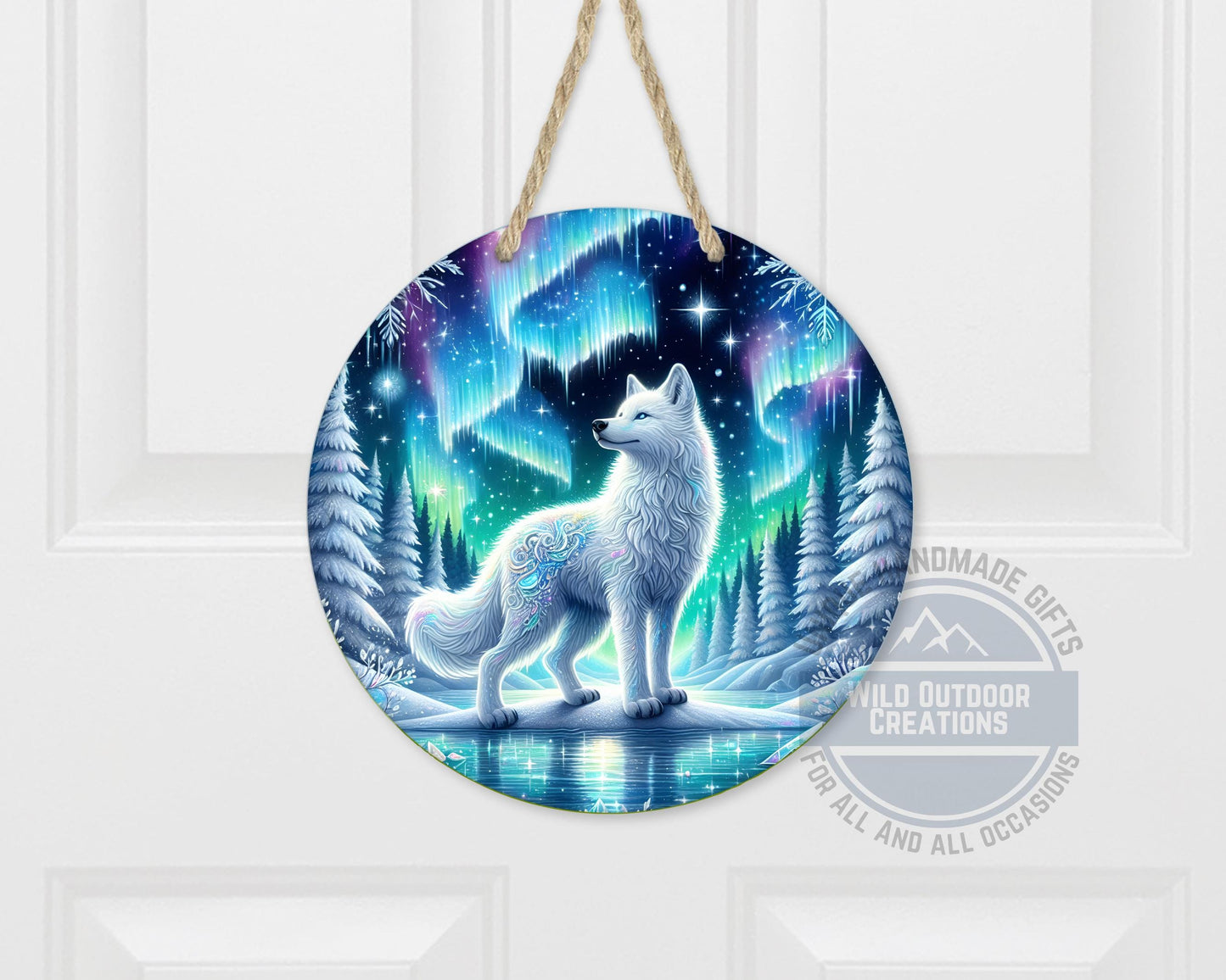 Wolf Door Hanger - Northern Lights Art | Rustic Cabin Sign, Outdoor Decor - scale and size reference