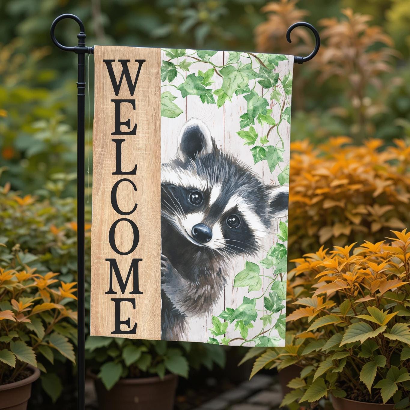 Welcome Raccoon Garden Flag – Rustic Woodland Yard Decor | Double Sided, UV Resistant - additional angle