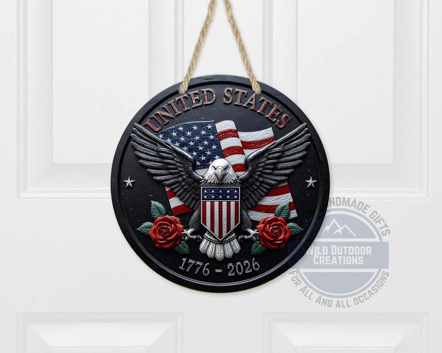 American Eagle Door Hanger - Round Aluminum Patriotic Door Sign, Veteran Gift Idea - scale and size reference