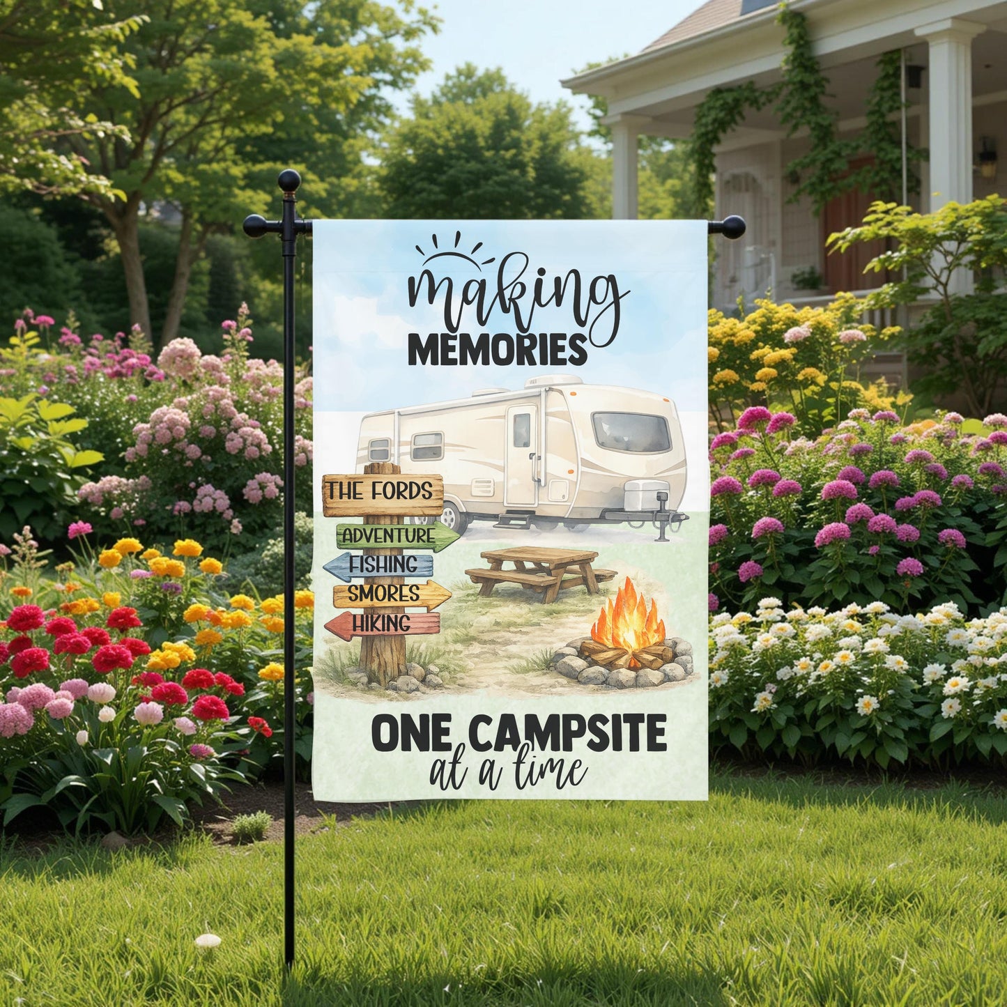 Personalized Camper Flag - Custom Travel Trailer Garden Flag 12x18 UV Protected - close up detail