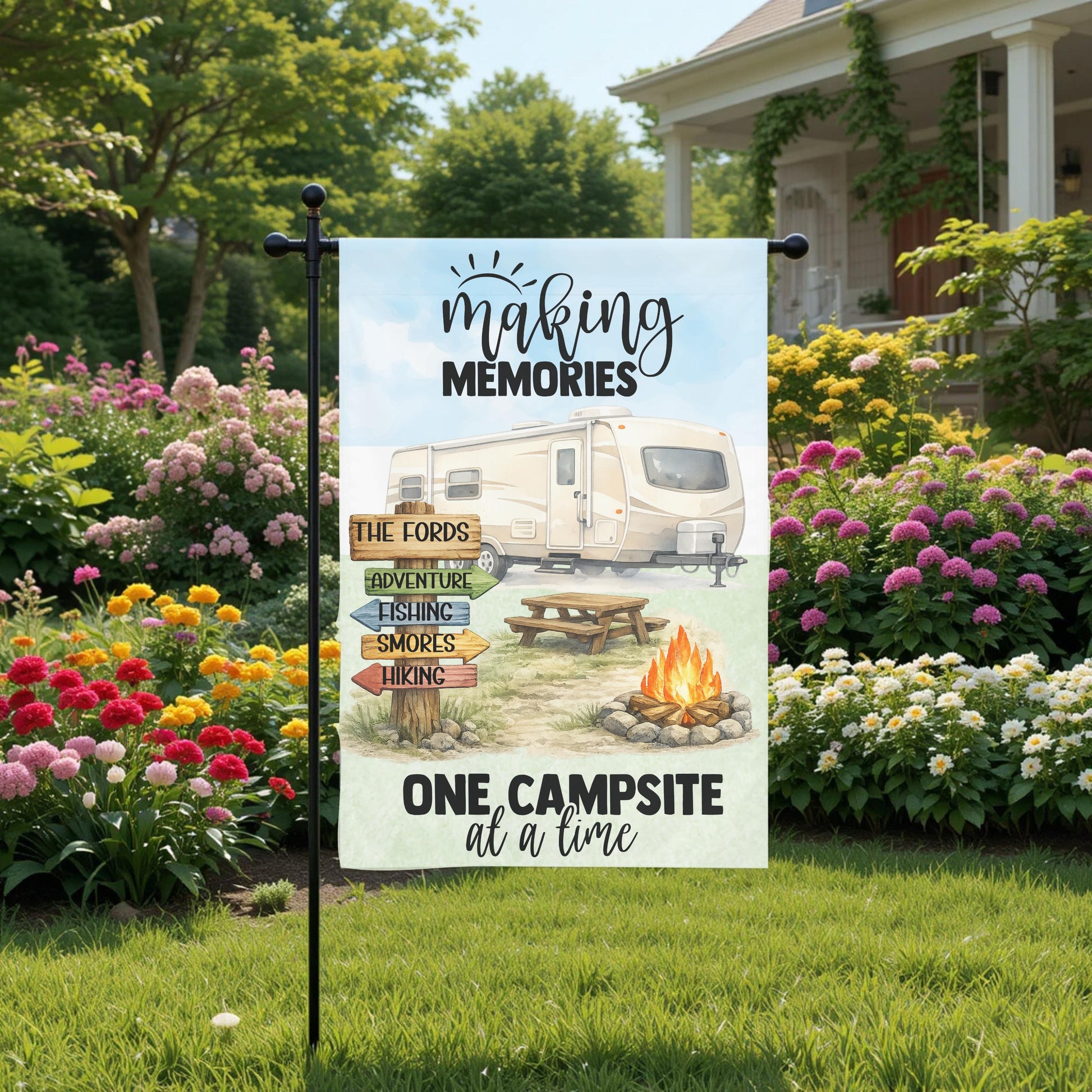 Personalized Camper Flag - Custom Travel Trailer Garden Flag 12x18 UV Protected - close up detail