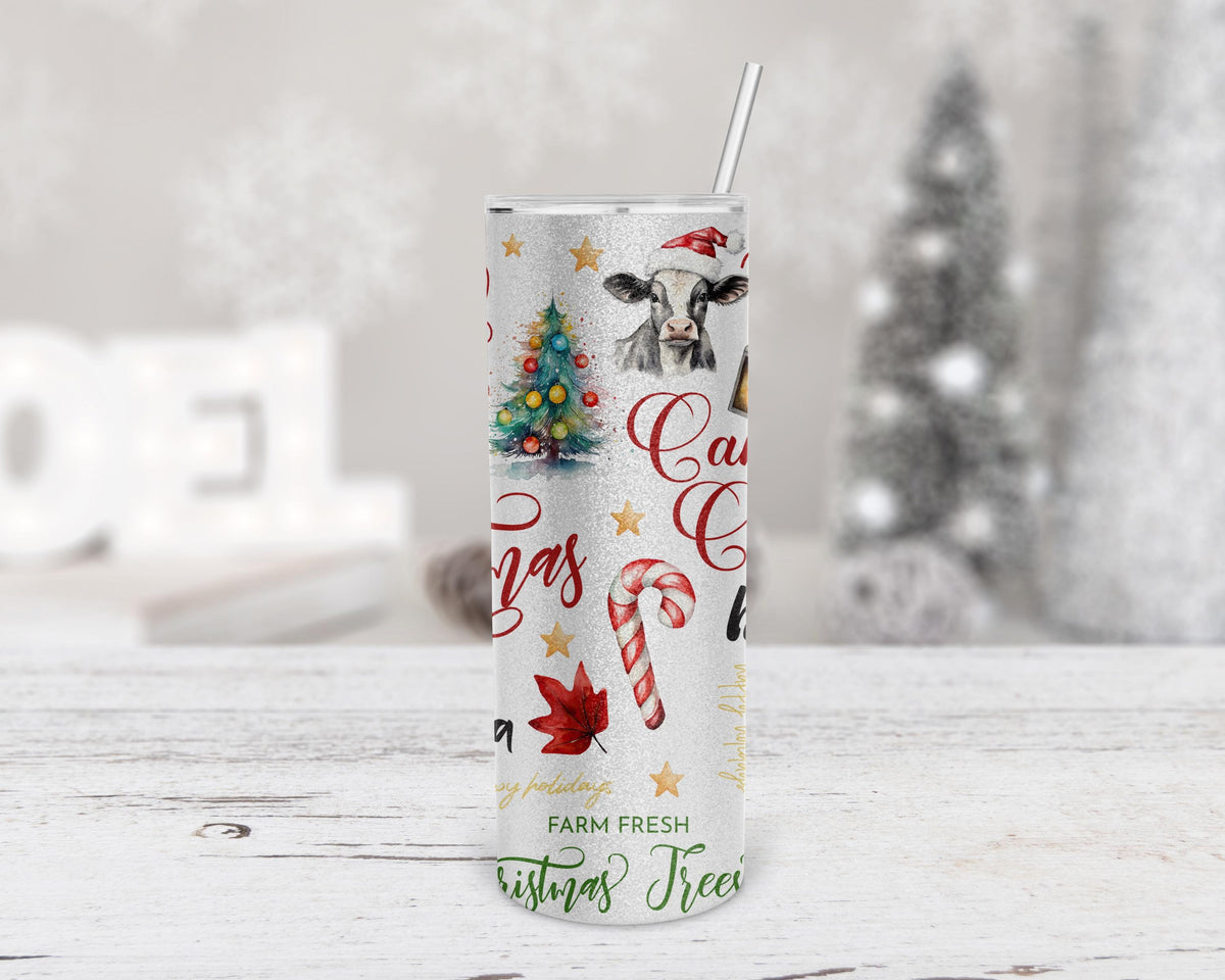 Christmas Cow Tumbler, 20 Oz Skinny Silver Glitter Santa Hat