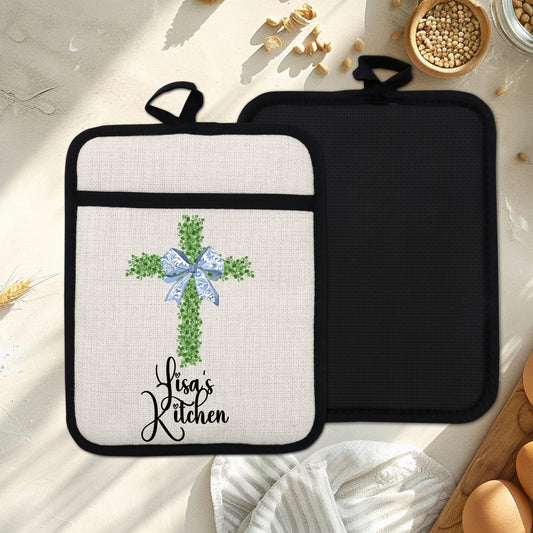Personalized Christian Pot Holder - Custom Name Floral Cross Kitchen Gift